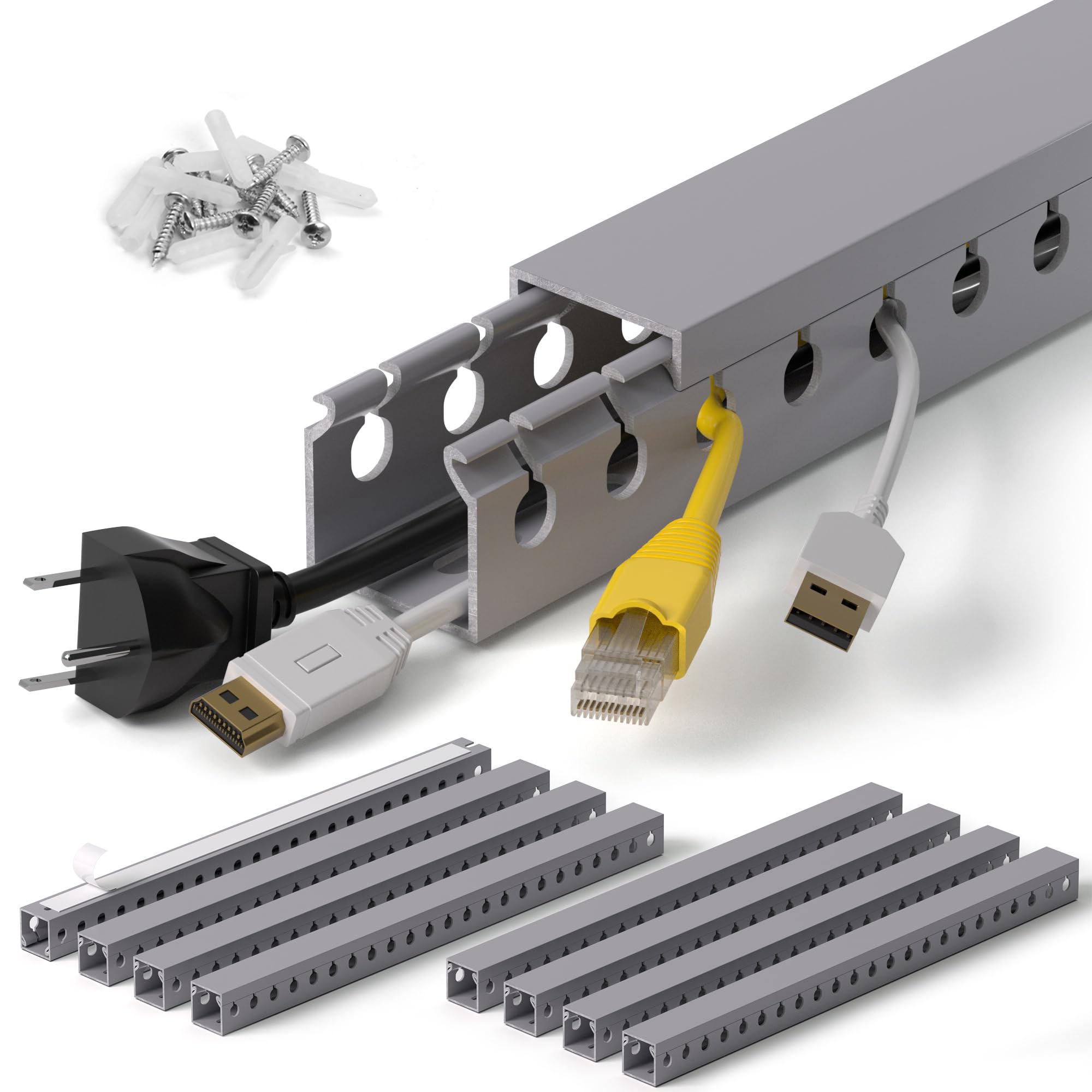 1.2"H x 1.2"W Cable Raceway, 132in Under Desk Wire Management Channel, Grey