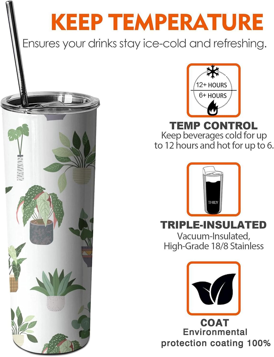 Plant Print Skinny Tumbler With Lid and Straw - 20 oz Insulated Stainless Steel pot plant Travel Cup - Double Wall Coffee Mug - Birthday Gifts for Mom, Sister, Friends, Women - Image 2