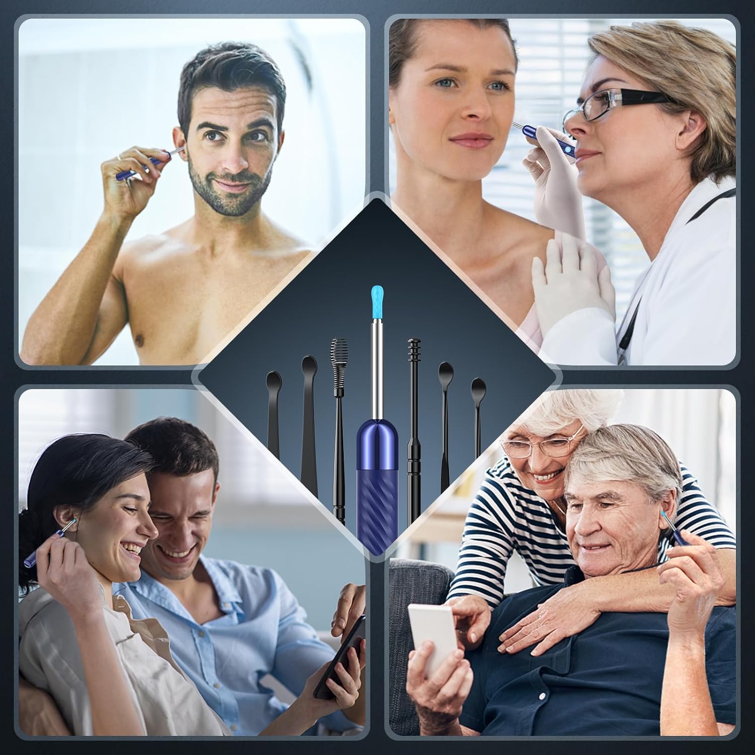 Image showing a 5-piece set of silicone earplugs and the correct way to attach them to the ear pick, emphasizing metal durability over plastic fragility.