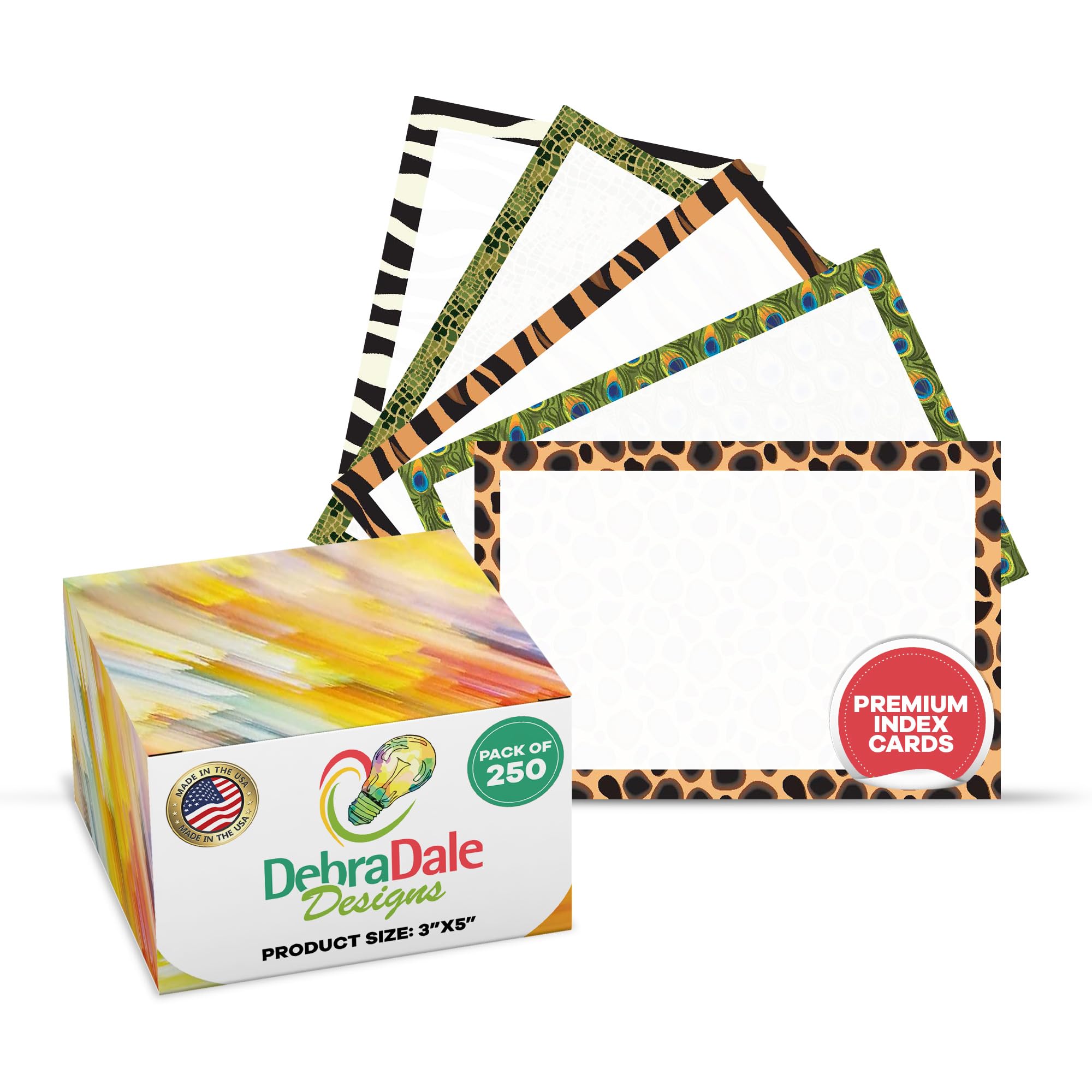 "Wild Impressions" 250-Pack Blank Index Cards - 3"x5" - 140# Premium Cardstock - Exotic Animal Skin Pattern Borders - Adventurously Boxed - Made in