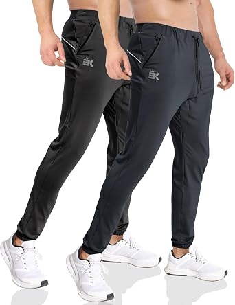 BROKIG 2Pack Mens Unzip Gym Pants Tapered Slim Workout Jogger Sweatpants | Reflective Strips Bums,Tapered Fit,Invisible Zip Pocket,Ankle Slim,4-Way Smoother Fabric,Lightweight Stretch Track Pants