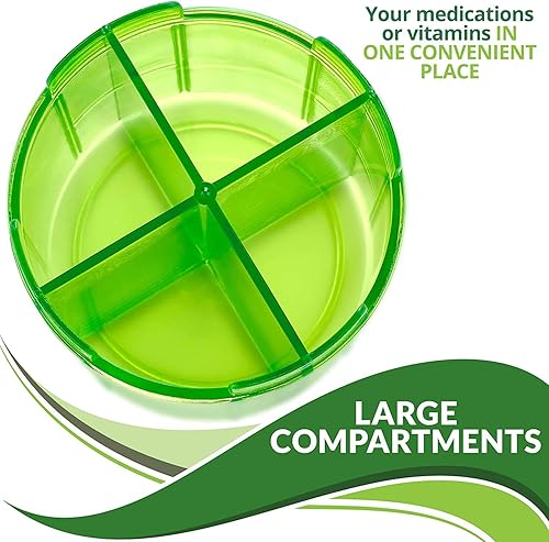 Miniatura 8 de Dispensador redondo de pastillas, paquete de 2, cajas de pastillas con 4 compartimentos para medicamentos, vitaminas y suplementos, botella de