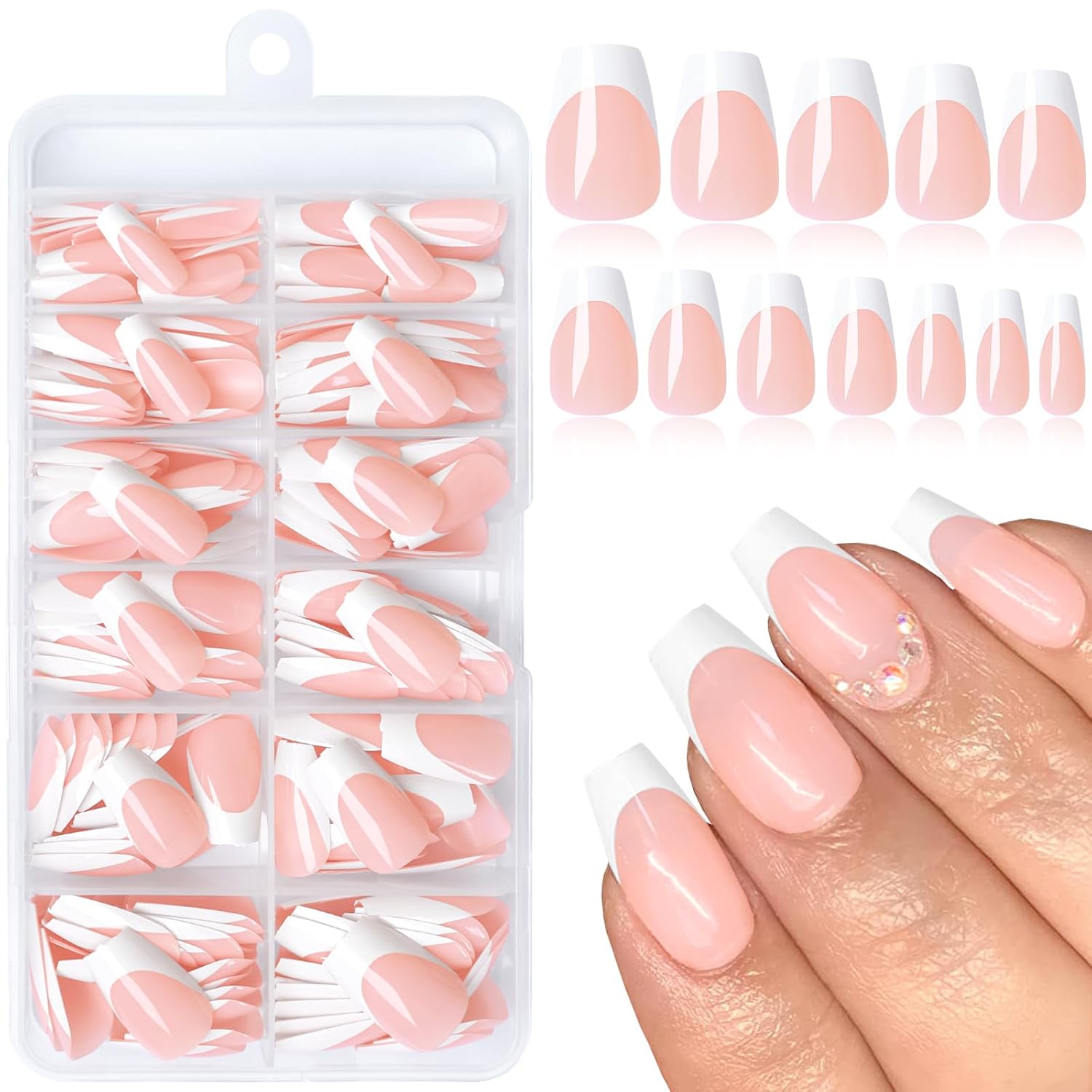 Medium French Tip Press on Nails Coffin Fake Nails Press ons Glue Nail-N