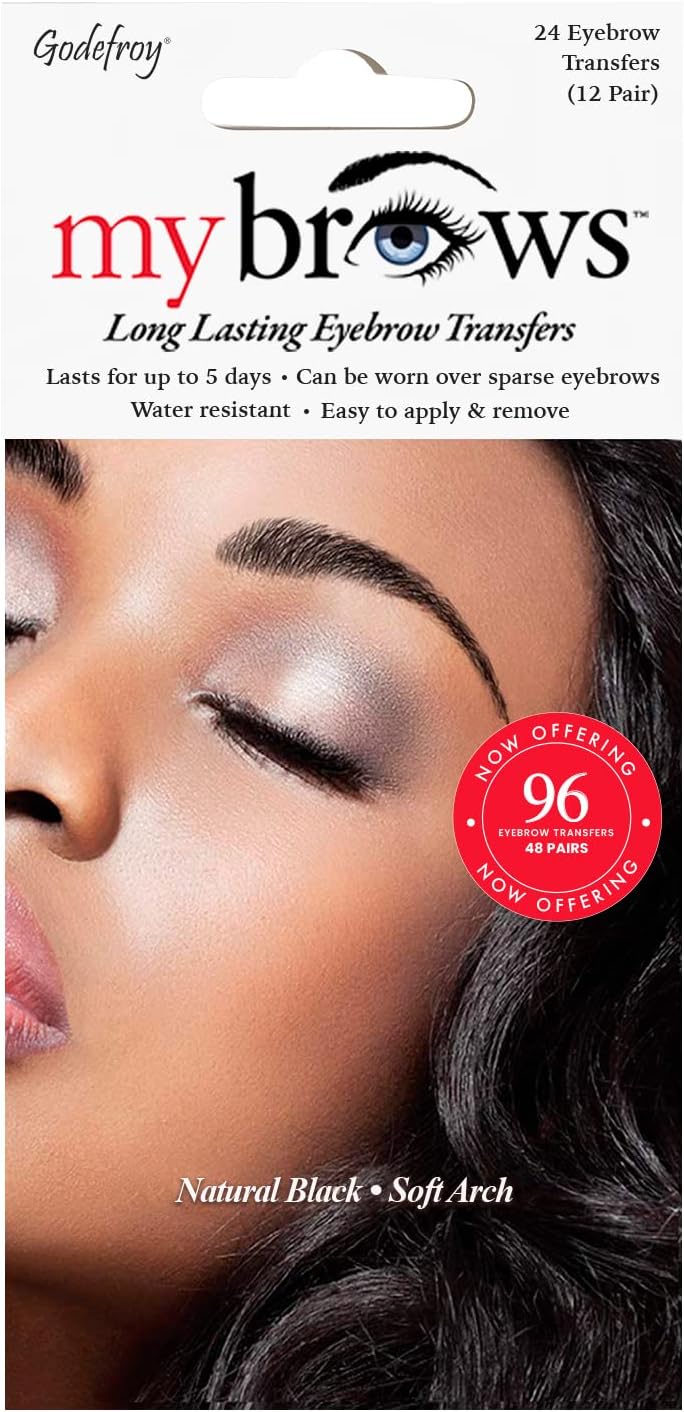 MyBrows Long Lasting Eyebrow Transfers, Soft Arch, Natural Black, 48-Pairs of Brows (96 Individual transfers)