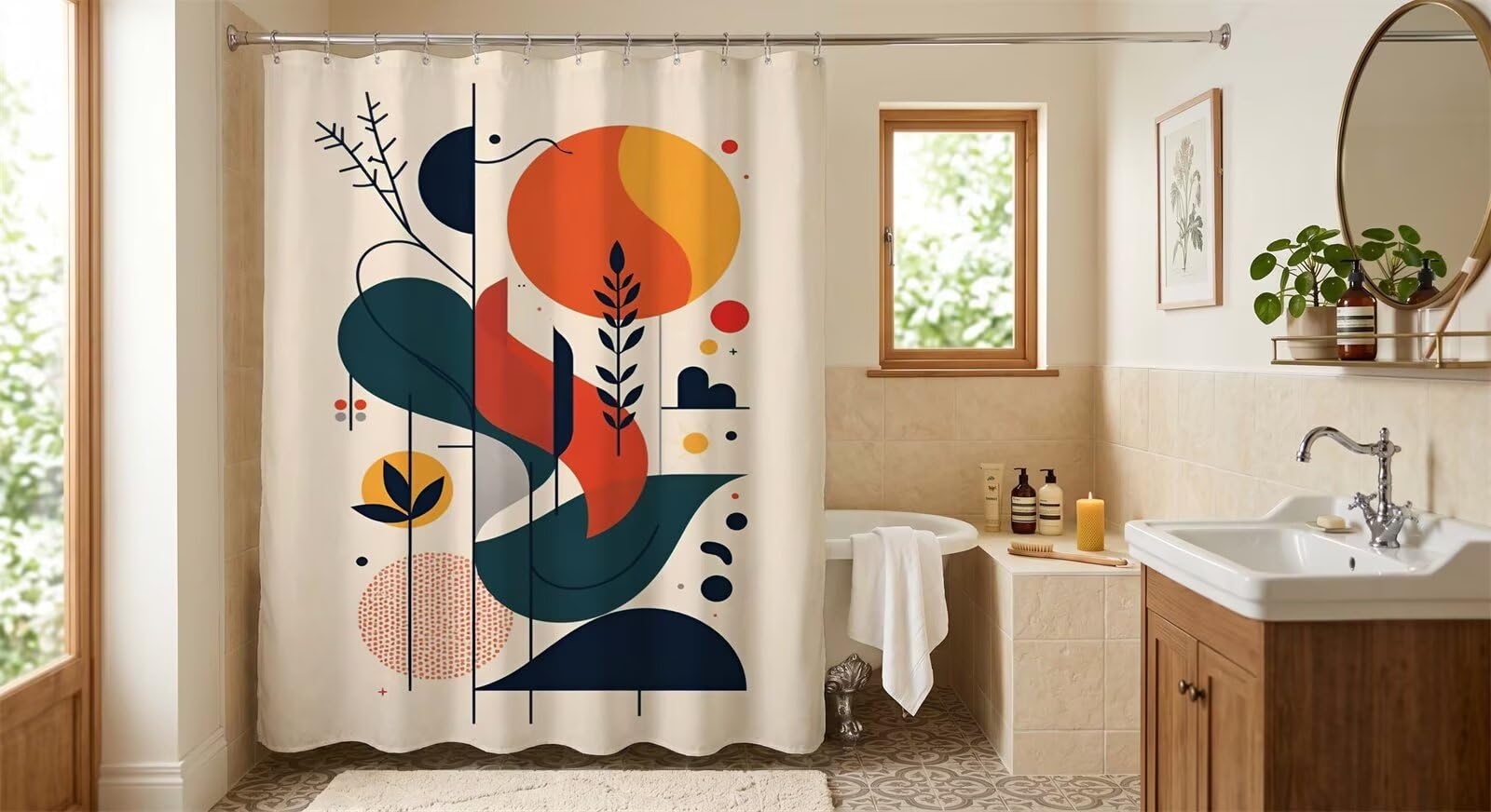 Yoonqun Abstract Geometry Shower Curtain 200 x 200 cm Waterproof Anti-Mould Bathroom curtain with 12 Hooks,Washable Quick-Drying Curtains for Wet Room