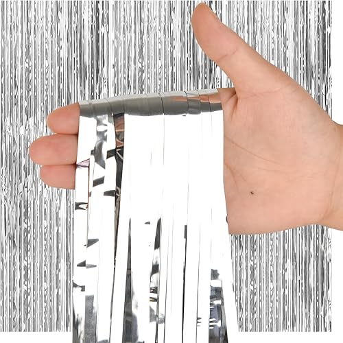 Miniatura 2 de Paquete de 3 cortinas de oropel plateadas de 3.3 pies x 9.9 pies, decoración de fondo de fiesta con flecos metálicos para decoración de despedida de