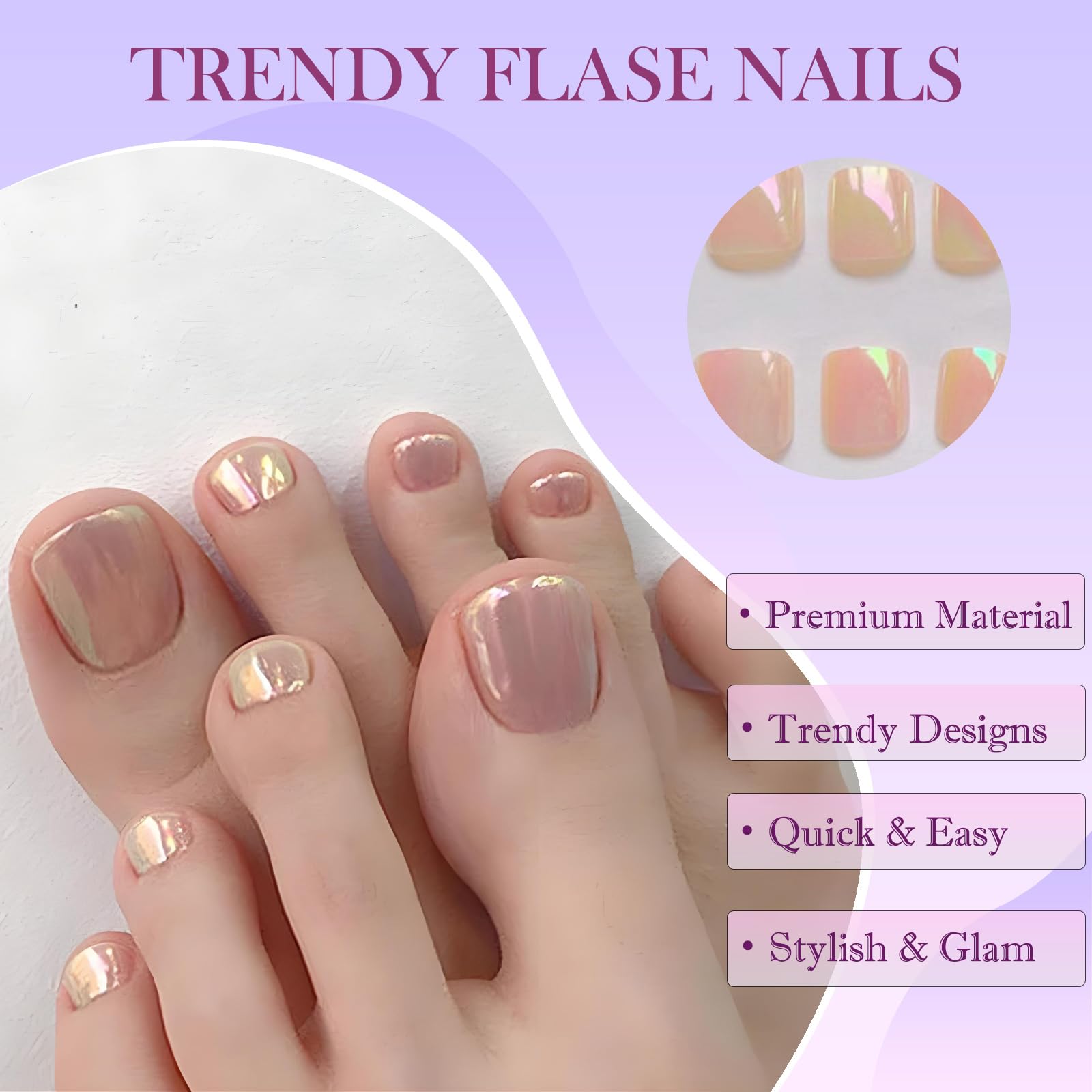 Aurora Nude-Pink Iridescent Short Square False Toenails - Image 4