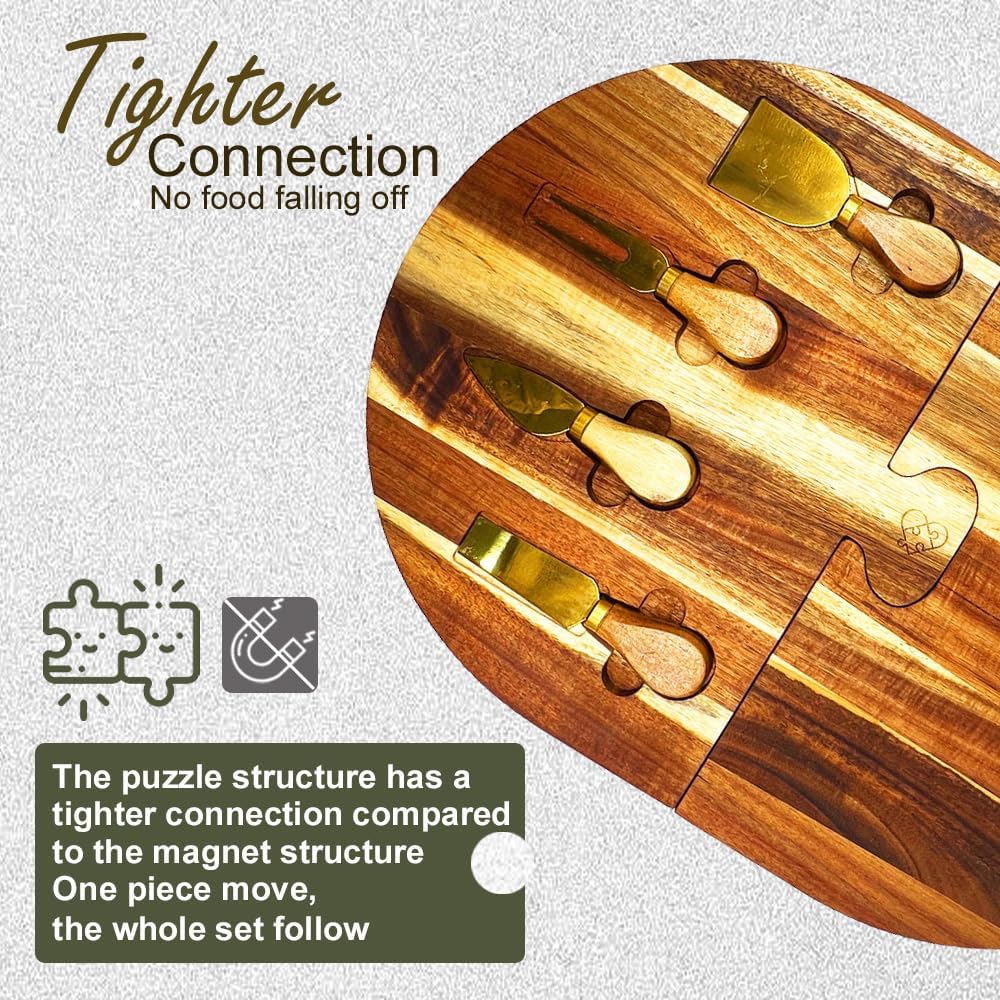 Charcuterie Board Set - 2 Pieces with Knife Set, Premium Acacia Wood Cheese Boards, Puzzle Shaped Serving Tray, Wedding & Bridal Shower Gift, Valentines Day Gifts - Image 3