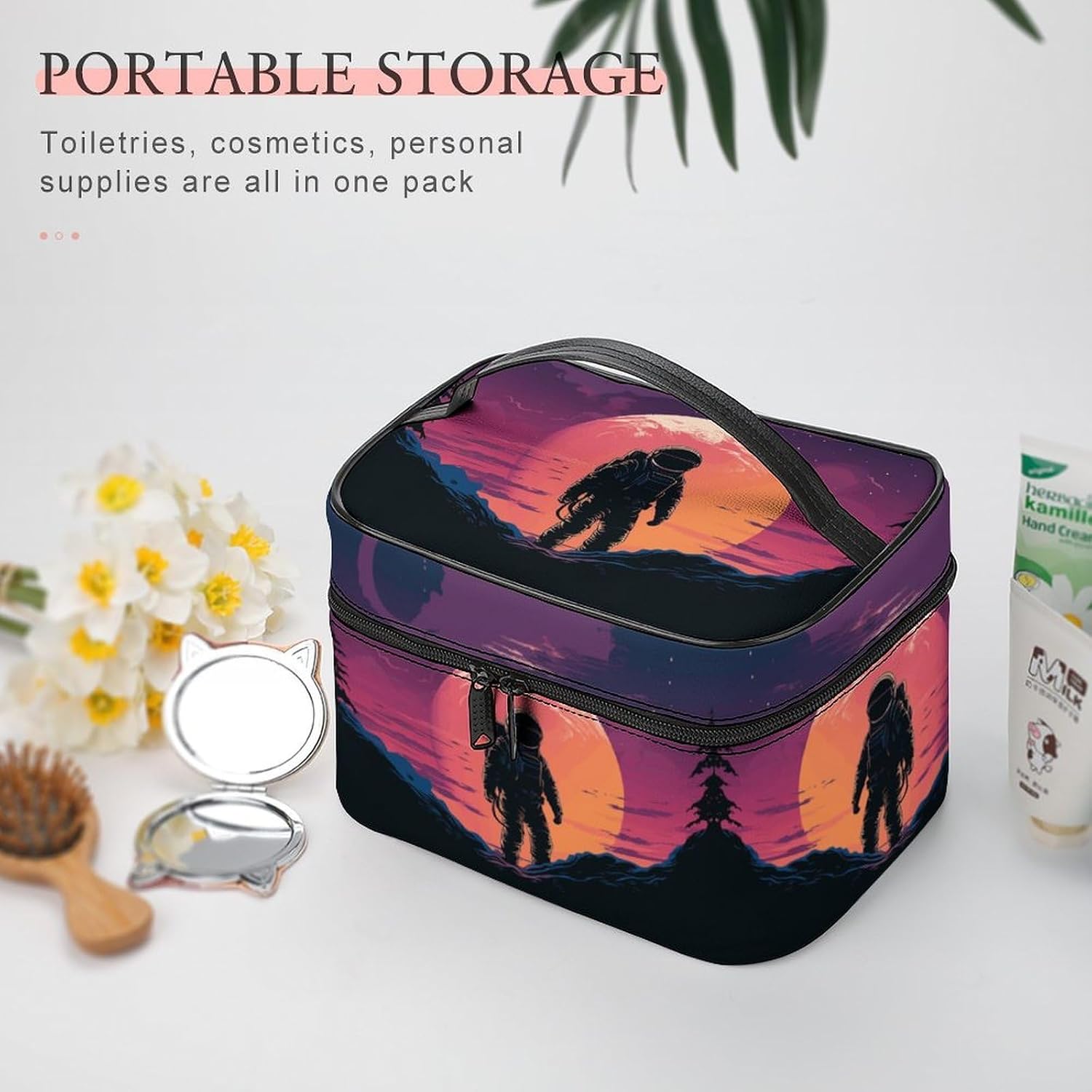 Travel Makeup Bag Portable Large Cosmetic Bag with Handle And Compartment image 5