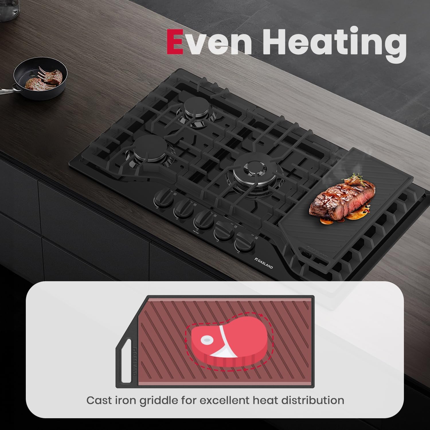 GASLAND 2-in-1 Reversible Cast Iron Grill/Griddle for Gas Stovetop with Comfortable Handles, Non-Rust Coating, Black, 1-Piece