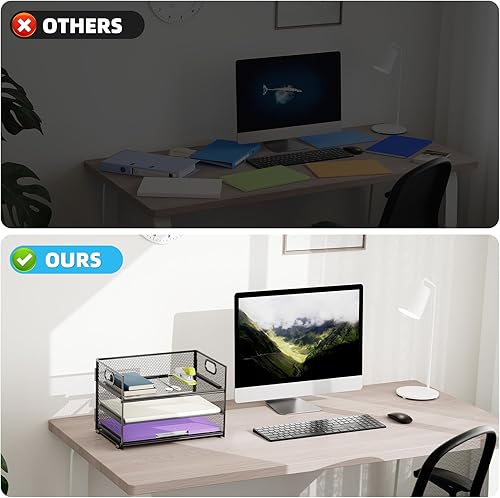 Miniatura 5 de Marbrasse Bandeja organizadora de papel de 3 niveles, organizador de archivos de malla con asa, organizador de escritorio clasificador de papel para