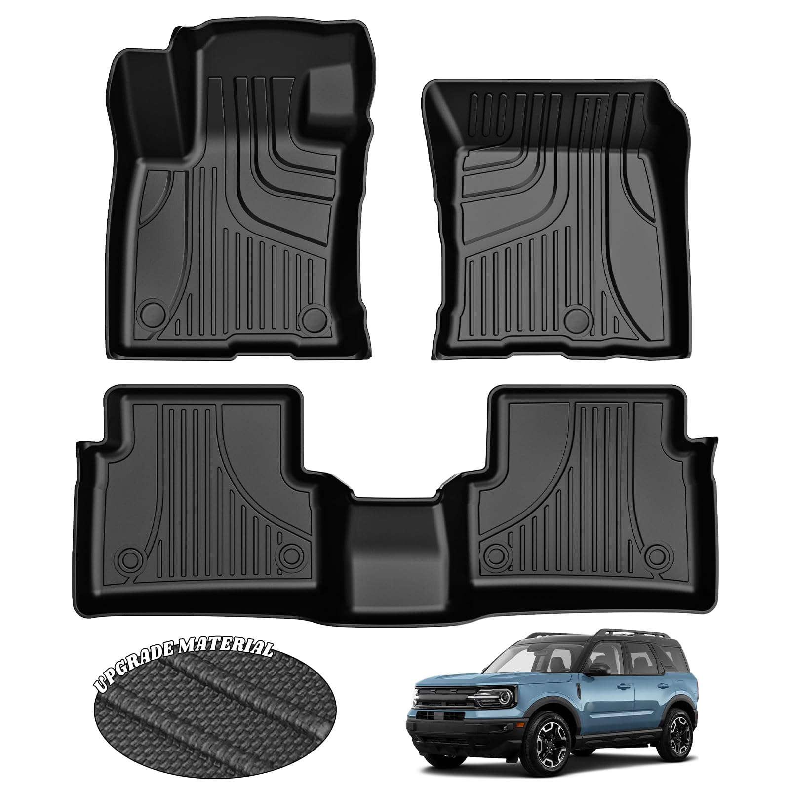 AOMSAZTO Dywaniki samochodowe do Ford Bronco Sport 2021 2022 2023, wytrzymałe maty podłogowe TPE na każdą pogodę, 1. i 2. rząd pełny zestaw gumowych wykładzin podłogowych, antypoślizgowe maty samochodowe, czarne
