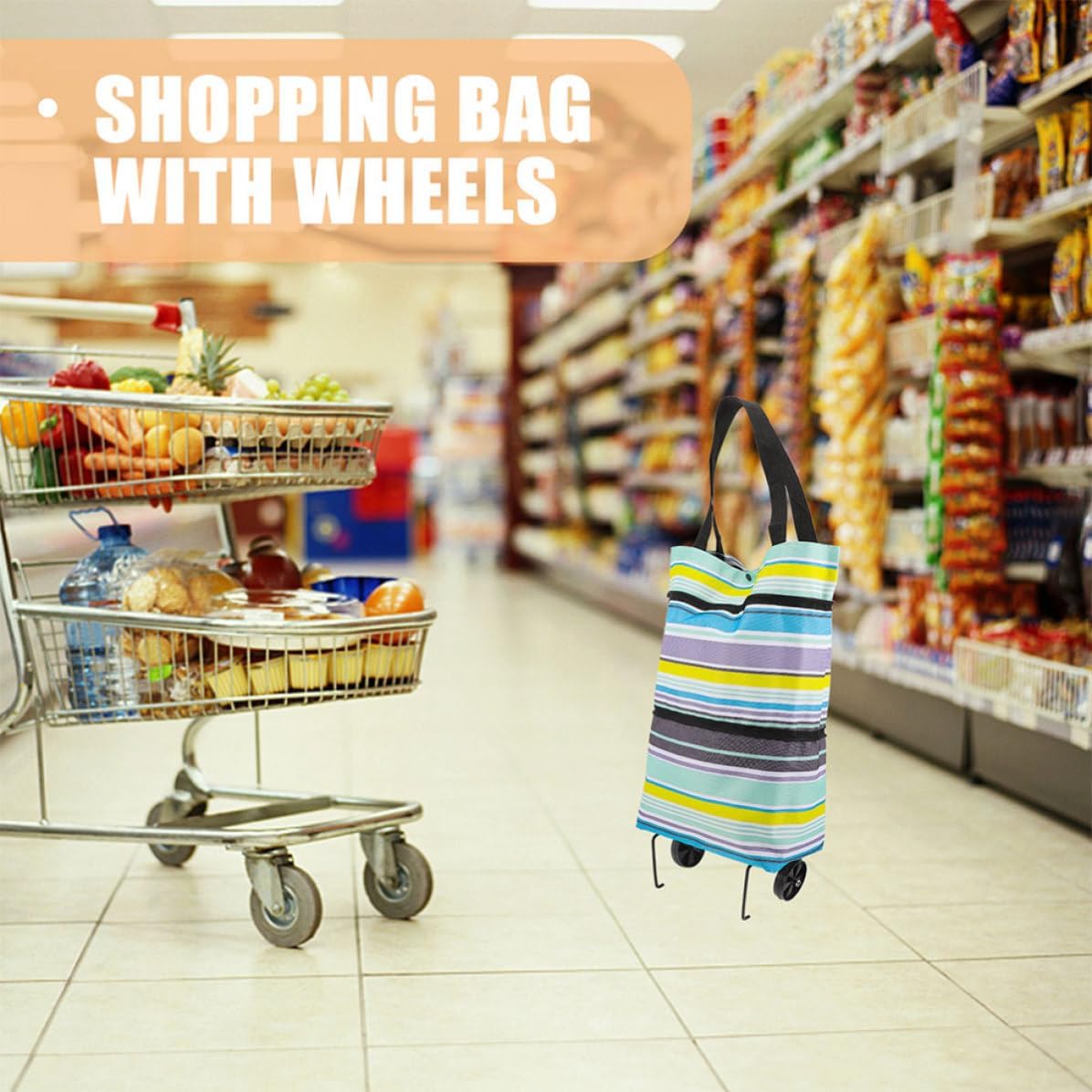 2pcs Foldable Shopping Cart Grocery Bag on Wheels with Handle | 600d Oxford Cloth, Mdf Frame, Polyester Lining, Pp Details, Versatile Design, Easy to Store and Carry