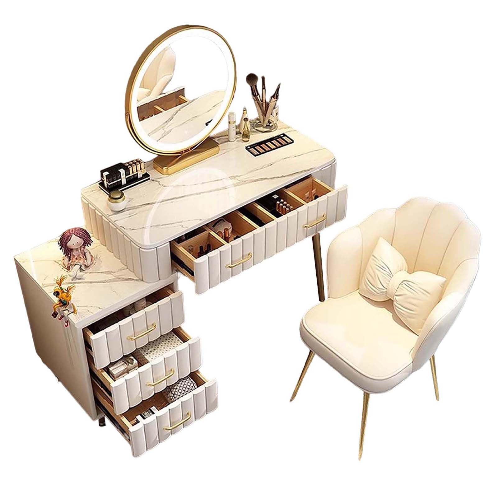 CGCSYZ Pink Vanity Desk with Round Mirror & Lights Makeup Table with Chair 5 Drawers 3 Lighting Modes for Girls & Women(White-100cm)