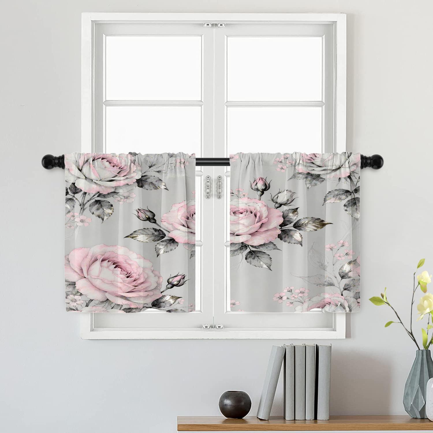 Batmerry Gray Oil Painting Tier Curtains, Pink Rose Flowers and Leaves Floral Pattern Cafe Curtain Short Kitchen Drapes Small Valance for Bathroom, 2 Pack 26X24 Inches