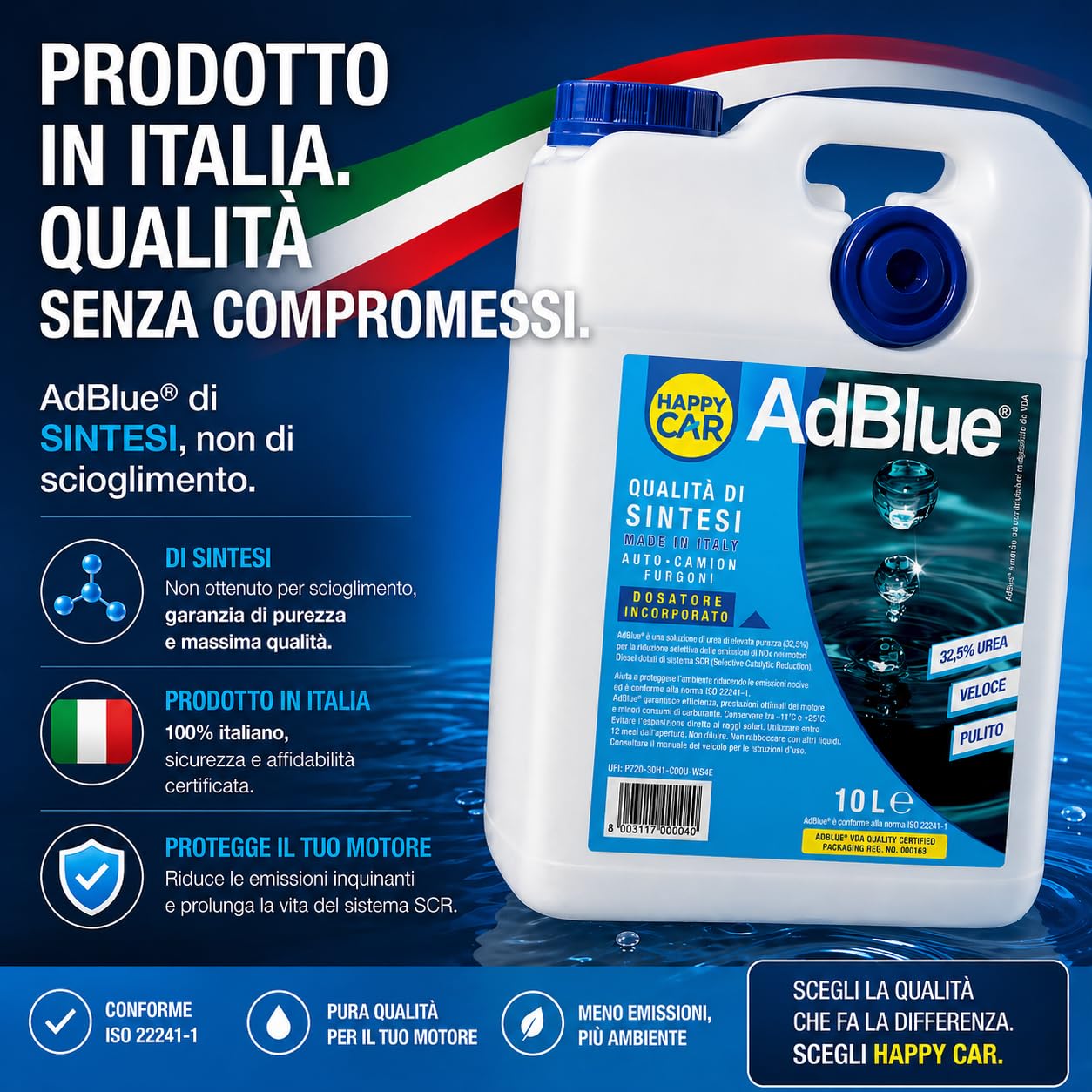 HappyCar AdBlue 10L - Liquido per Gas di Scarico per Motori Diesel con Sistema SCR ISO 22241 con Dosatore Incluso - Made in Italy