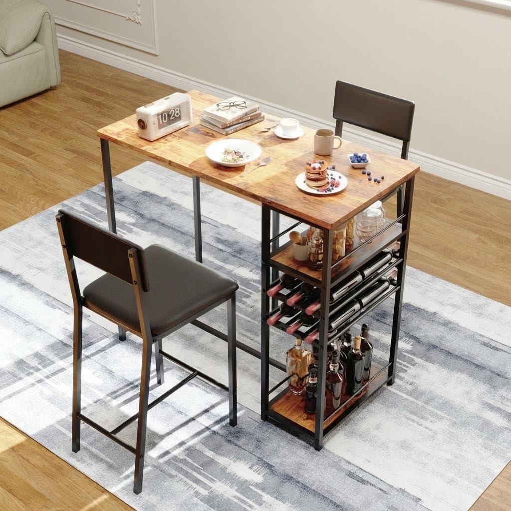 Mesa de comedor de 3 piezas con botellero ideal para cocinas pequeñas y apartamentos