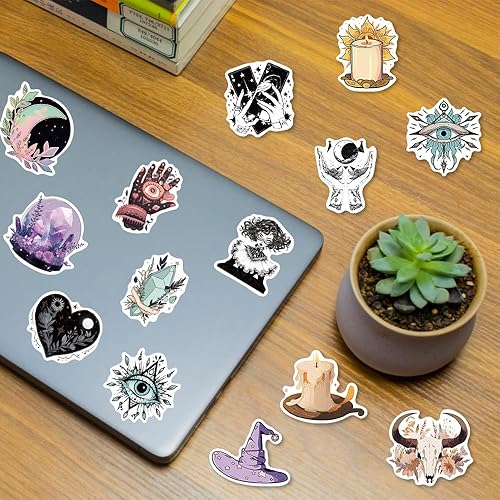 Miniatura 2 de Calcomanías de bruja para botellas de agua Kindles, 100 unidades de calcomanías estéticas de vinilo impermeables para adultos, calcomanías