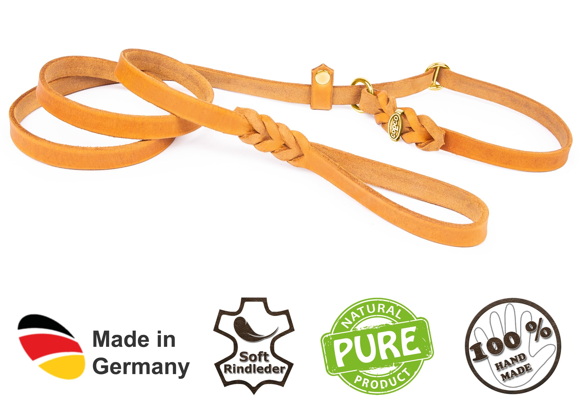 CopcoPet Retrieverleine mit Zugstopp für kleine Hunde – 1,20m x 10mm Moxonleine in Cognac – Fettlederleine & Agilityleine aus Leder – stufenlos verstellbar, Handarbeit, Messing, wetterfest