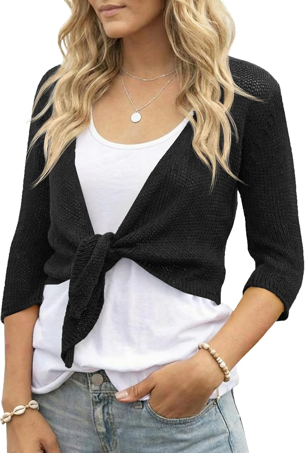 Saodimallsu Womens Tie Front Shrugs 3/4 Sleeve Cropped Summer Lightweight Sheer Knit Bolero Cardigan Sweaters