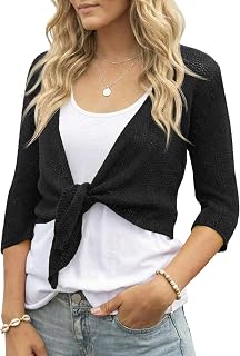 Saodimallsu Womens Tie Front Shrugs 3/4 Sleeve Cropped Summer Lightweight Sheer Knit Bolero Cardigan Sweaters