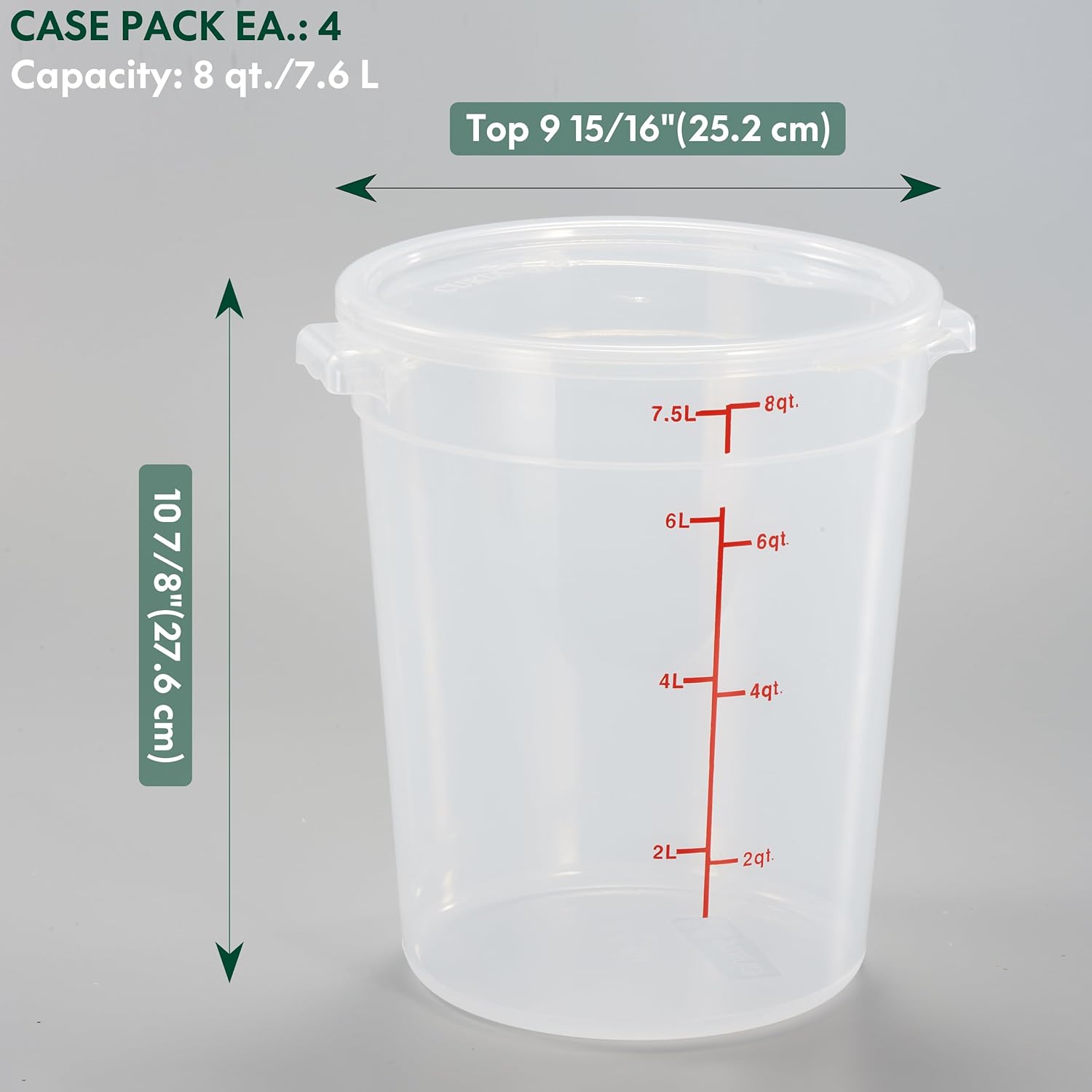 curta 8 quart translucent round food storage container with lid, pack of 4 – nsf listed, bpa-free, commercial-grade polypropylene, freezer & dishwasher safe, non-stick, easy-read graduations 8 qt.