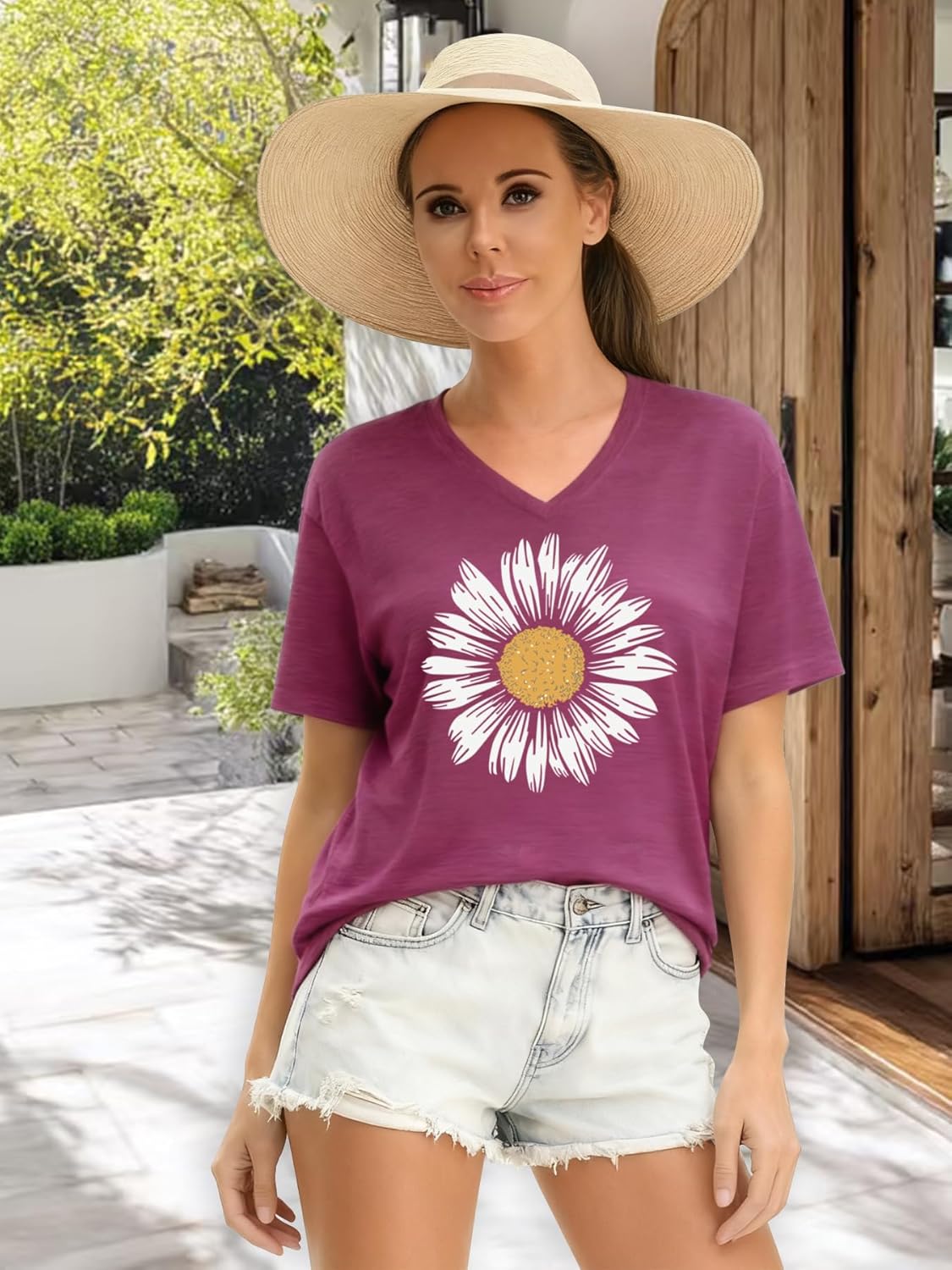 Womens Vintage Flowers V Neck Shirt Boho Floral Wildflowers Graphic Tee Casual Short Sleeve T Shirt - Image 2