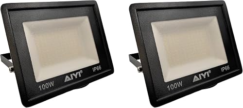 Pack 100W LED Flood Lights, IP66 Waterproof Outdoor Security Lights, 10,000 Lumens, 6500K Cool White, Aluminium Housing, Adjustable Mounting Bracket.