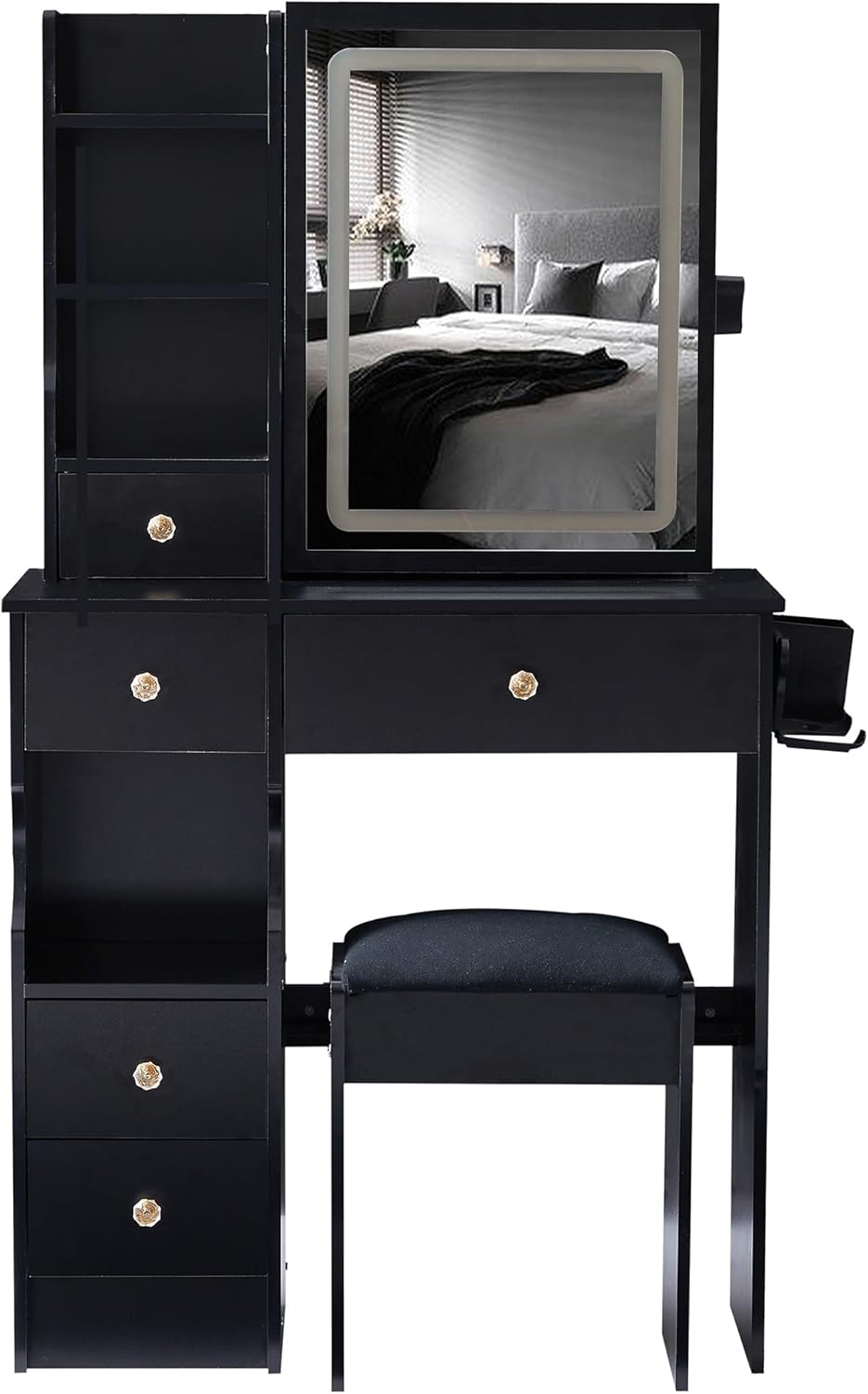Small Left Drawer Desktop Vanity Table with Cushioned Stool, 2 AC+2 USB Power Station, Sliding LED Mirror, Black