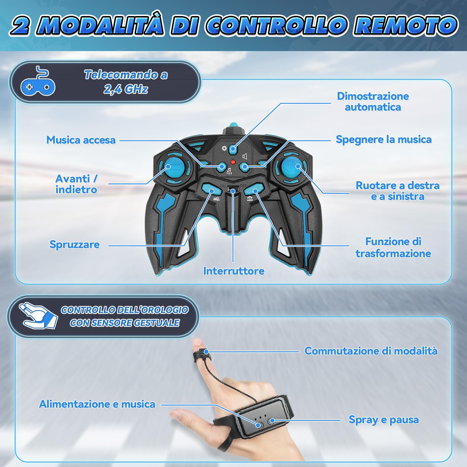 Dysaim Macchina Telecomandata per Bambini,4WD Auto Telecomandata Controllo Gestuale, 2.4Ghz Rotazione a 360° RC Stunt Car con Luci,Musica,Spray, Giocattoli Natale Regalo per Bambini da 6 8 12 Anni,Blu