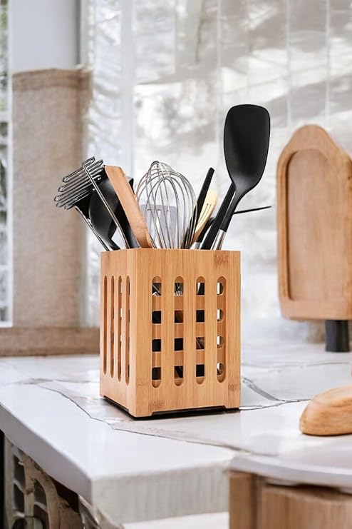 Bamboo Spoon Holder, Decorative Countertop Upright Spoon Holder, Bamboo Kitchen Organizer