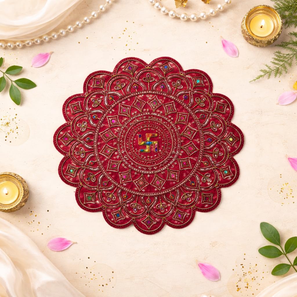Divine Velvet Pooja Aasan for Idol Placement | Decorative Puja Mat for Mandir | Festivals & Daily Rituals 16 inches Round Shape Pink-picture-25