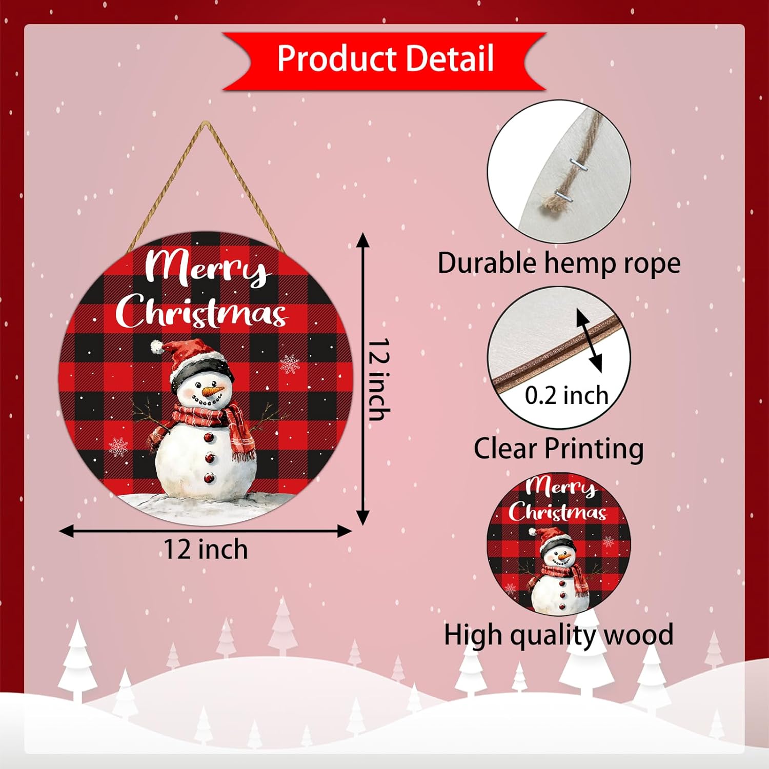 Snowman Christmas Decorations Door Decorations Merry Christmas Sign Winter Wreath Buffalo Plaid Snowman Wreath Cute Wall Decor Wooden Front Door Hanger for Wall Indoor Home Decor