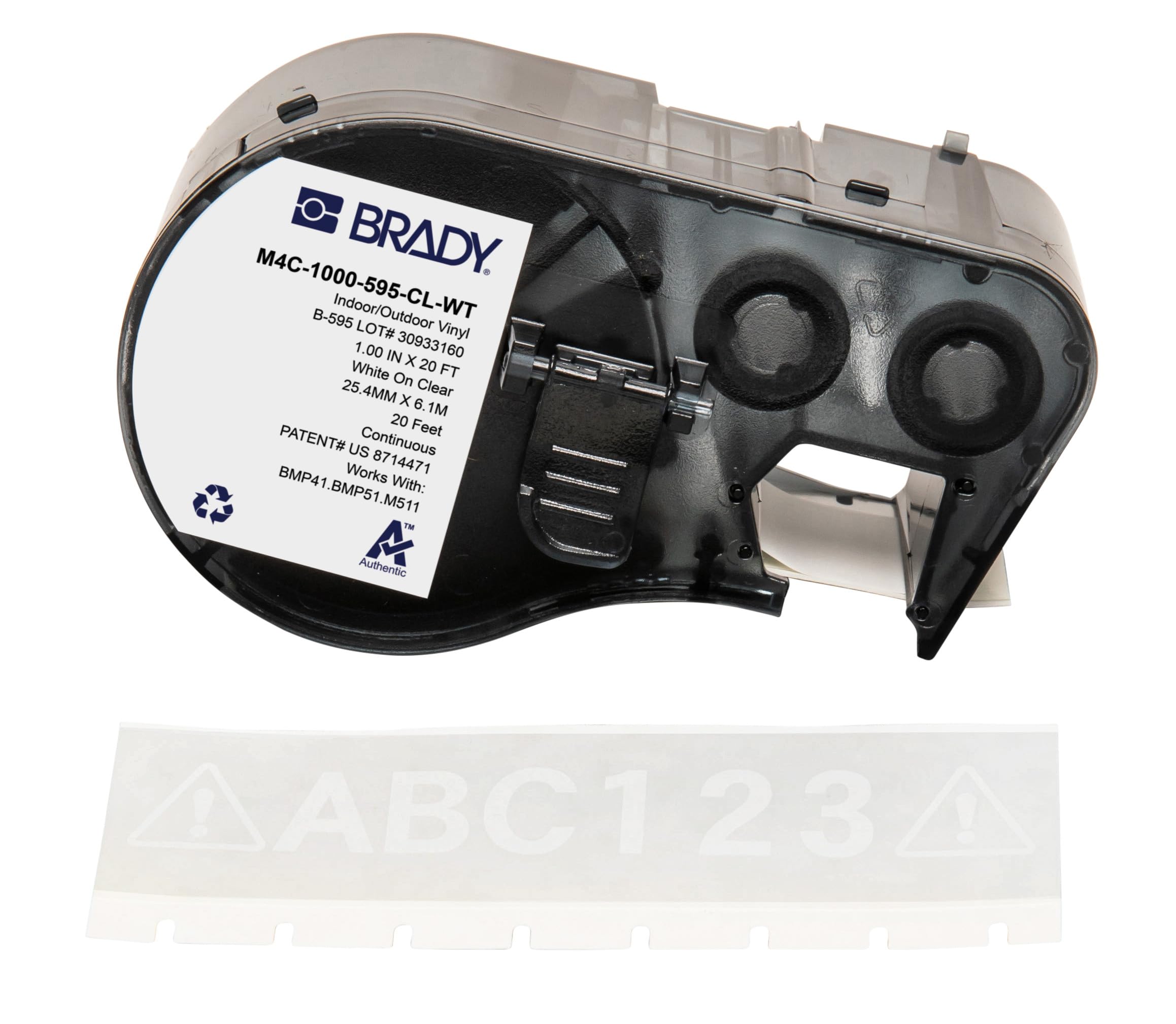 Brady Nastro in Vinile per Stampante Etichette BMP41/BMP51/BMP53/M511 - Etichette Industriali Adesive - Bianco su trasparente (25,40 mm (L) x 6,10 m (l)) - M4C-1000-595-CL-WT