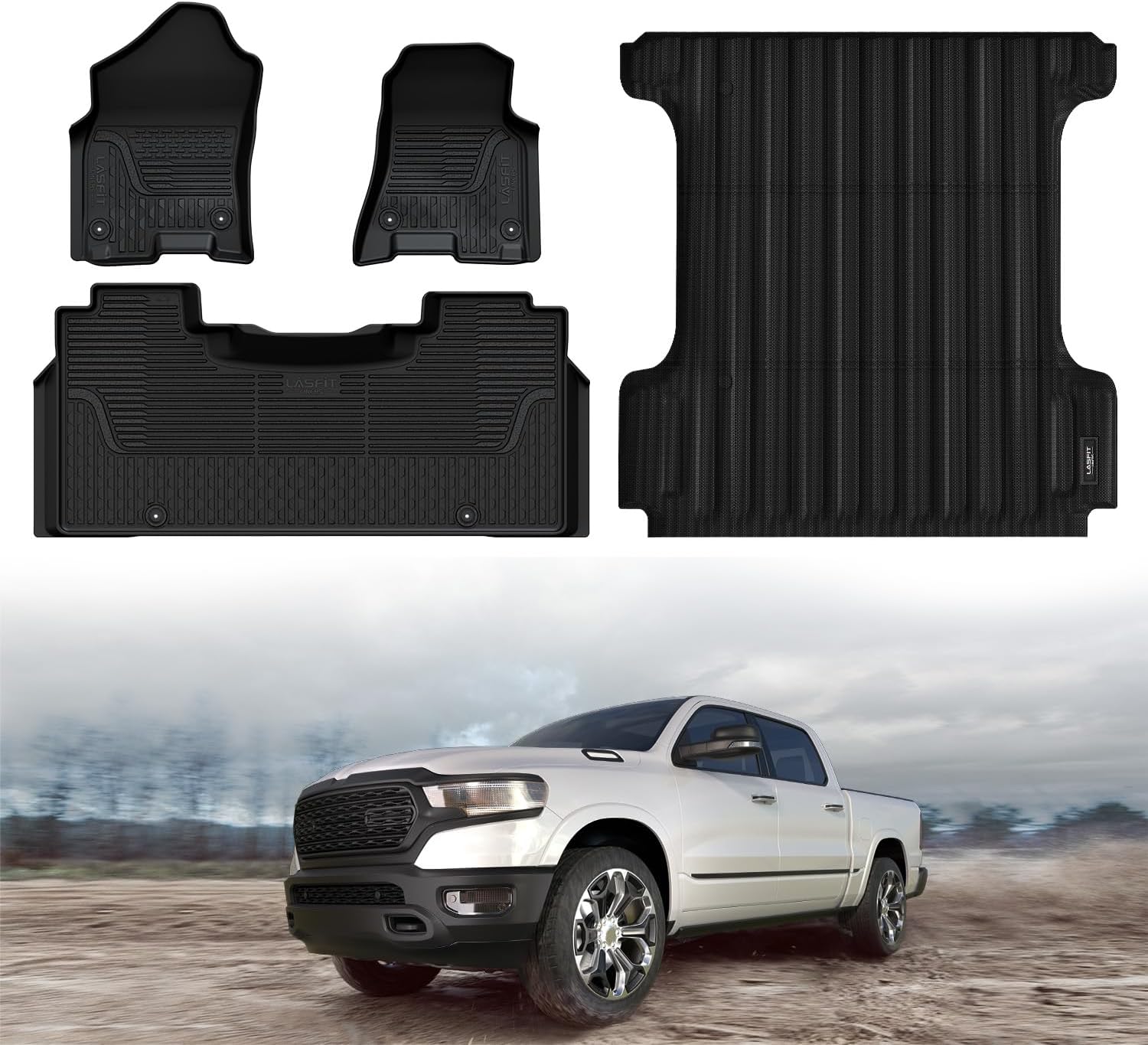 LASFIT Floor Mats & 6.4FT/6FT4 Truck Bed Mat for 2019-2024 RAM 1500 Crew Cab with Rear Storage & 6'4/76.3Inches Bed Liner Without RamBox, Not Fit Without 2nd Row Storage