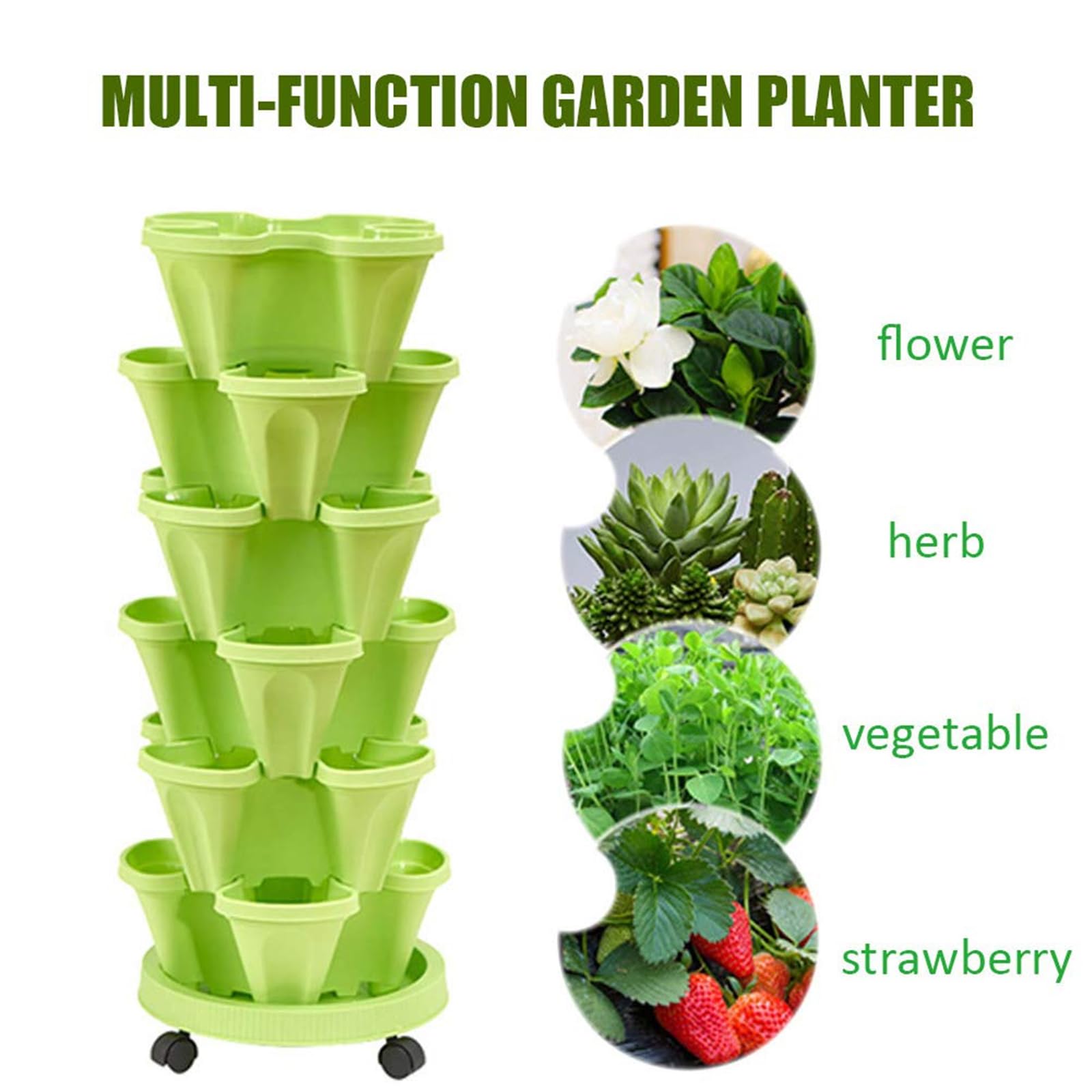 Tour à Fraises Empilable 5 Niveaux, Bac à Fraise en Hauteur et Anti-Débordement, Roulettes 360°, Jardinière Verticale Gain de Place 32,5×14,5cm pour Fleurs et Légumes Balcon Terrasse (Blanc)