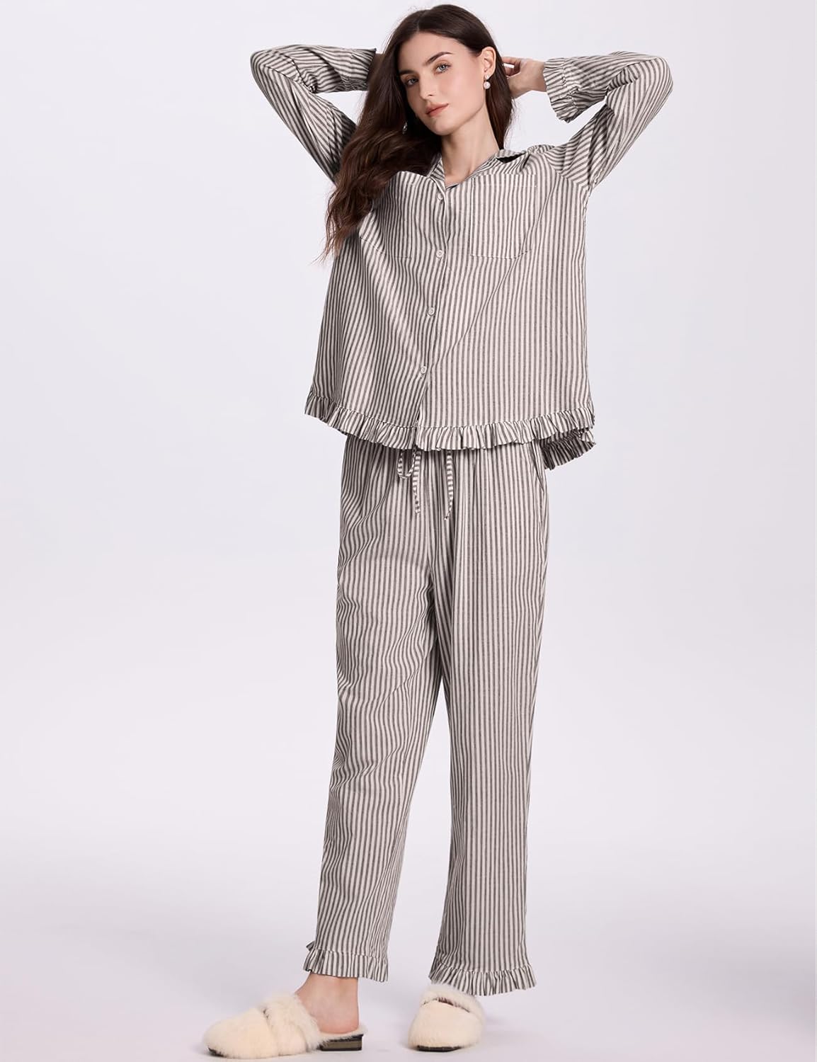 Womens Cotton Pajama Sets Long Sleeve Button Down Striped 2 Piece Pjs Ruffle Sleepwear with Long Pants Lounge Set - Image 4
