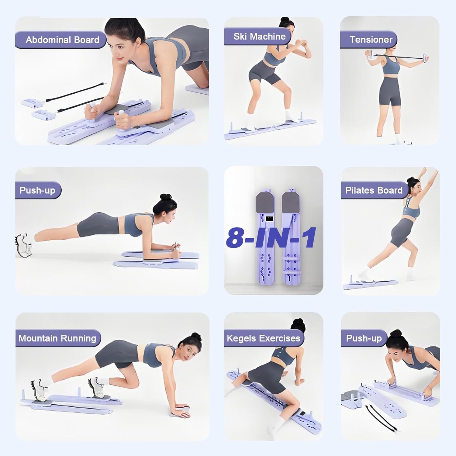 Split Pilates Board, 8-in-1 Pilates Kit, Quiet Design Ski Exercise Machine, Combines Push Up Board and Ab Machine with Timer & Calorie Tracker for Full Body Workout & Core Training