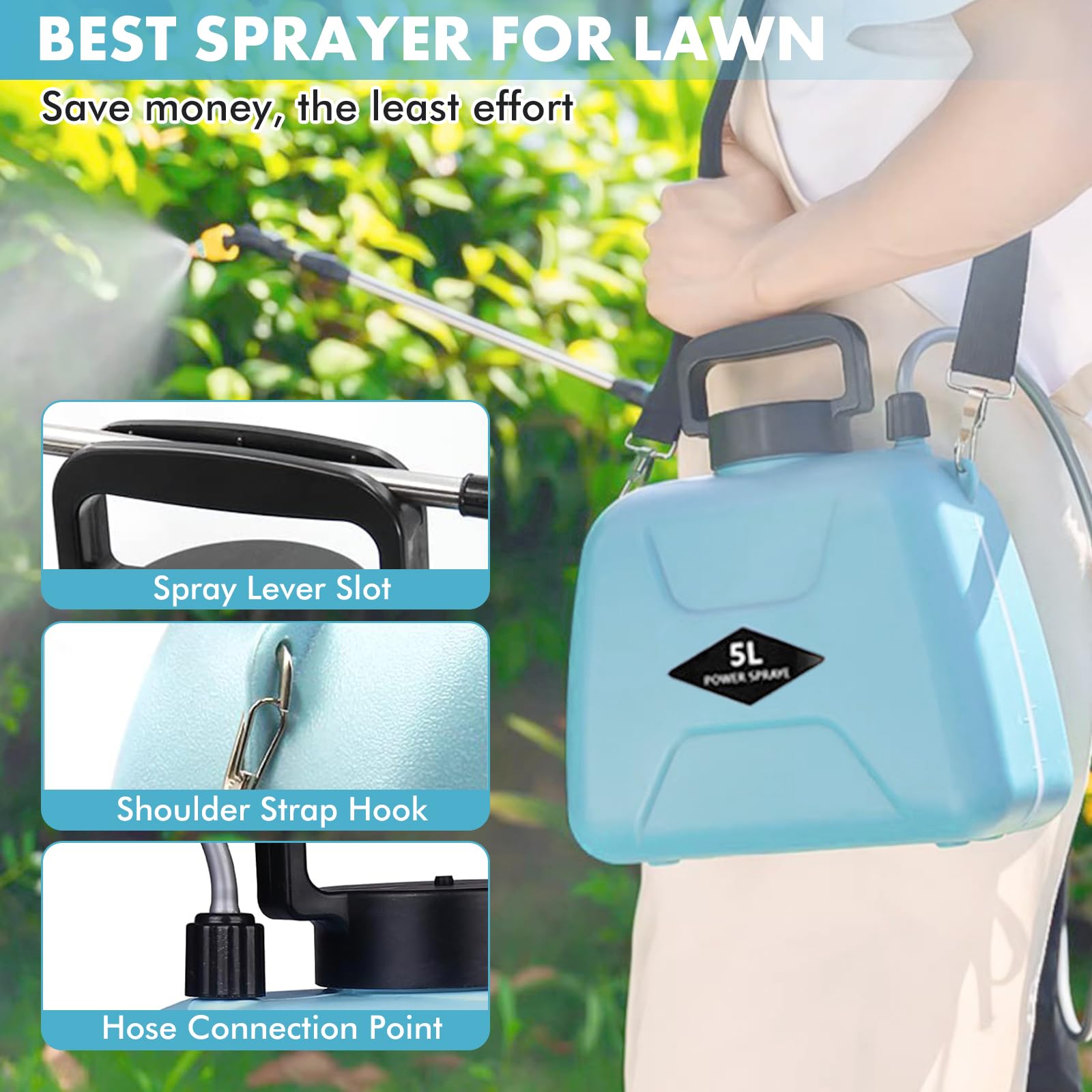Nikou Pulverizador Eléctrico para Plantas 5 litros, Pulverizador de Mochila a Presión Sulfatadora a Batería Recargable con 3 Boquillas, Varilla Telescópica, para Jardín Huerto Riego