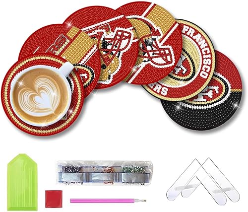 Miniatura 1 de Aimeryup Juego de 6 posavasos de pintura de diamantes con soporte, posavasos de arte de diamantes de fútbol para adultos y niños, kits de puntos de