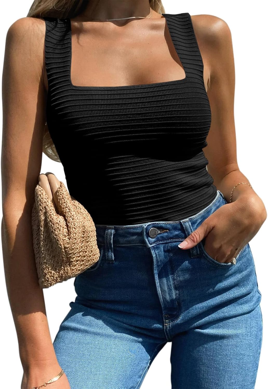 BZB Womens Ribbed Tank Tops 2026 Summer Sleeveless Square Neck Shirts Casual Slim Fitted Knit Shirts