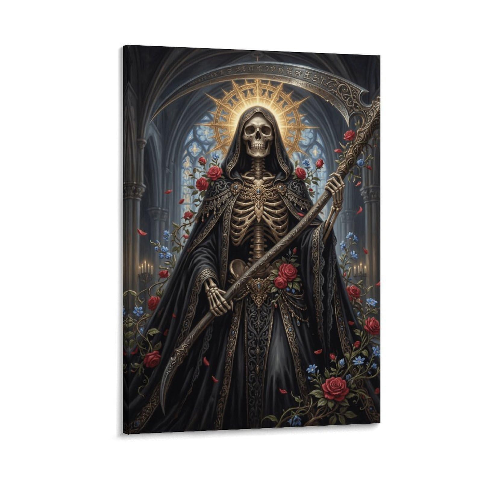 W7C8U2X3 Grim Reaper Gothic Roses Canvas Wall Art, Gothic Fantasy Wall Art