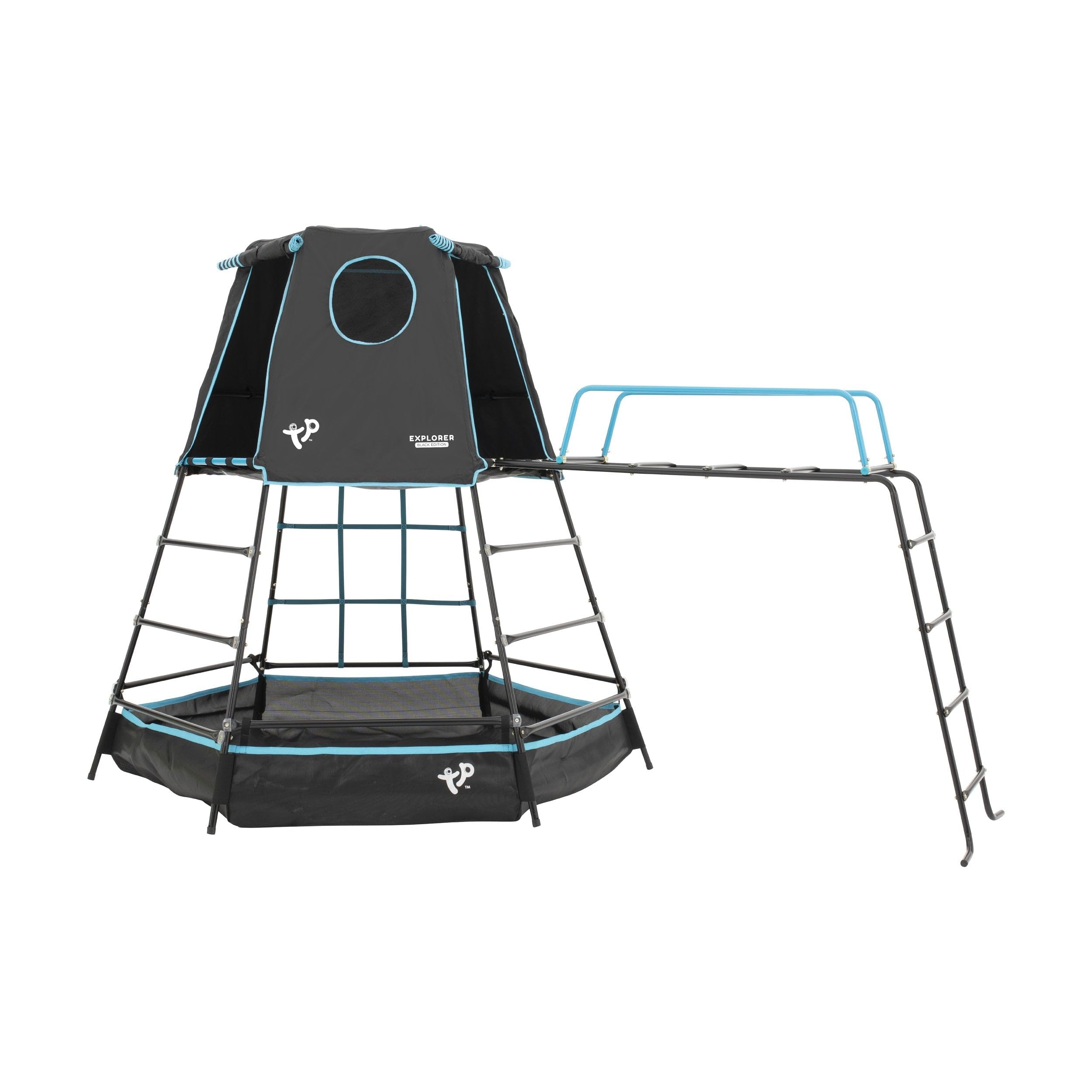 TP Toys Explorer Metal Climbing Frame Set with Jungle Run Black Edition - Adventure Playmat, Climbing Ladder and Monkey Bridge. Roll Up Door. Round Viewing Window. Aged 3-12 Years
