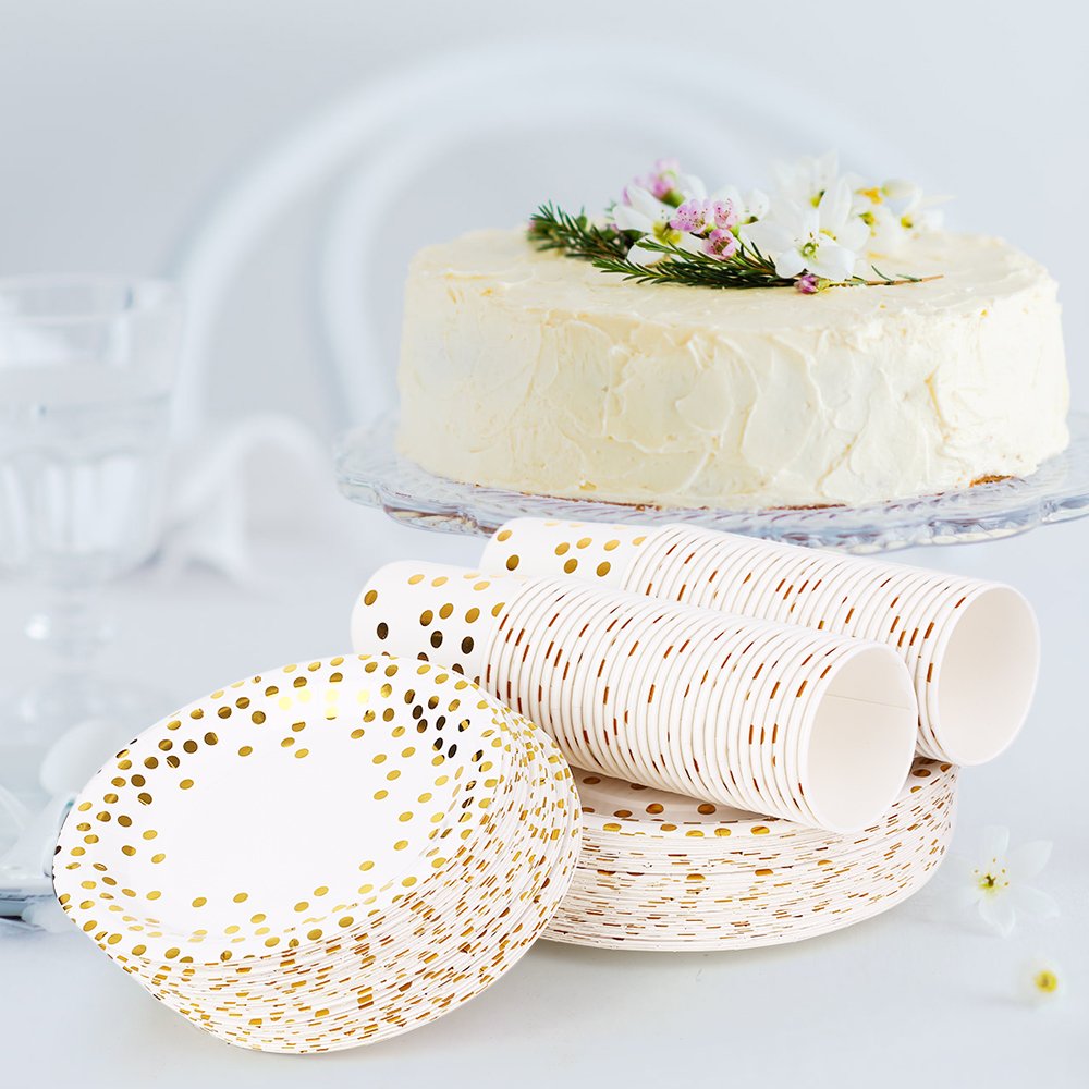 Kavolet Zestaw talerzy urodzinowych, 60 sztuk papierowych kubków o pojemności 23 ml + 60 talerzy 18 cm + 60 talerzy o średnicy 25 cm, naczynia ze złotymi kropkami, kubki na napoje, talerze obiadowe, talerze deserowe