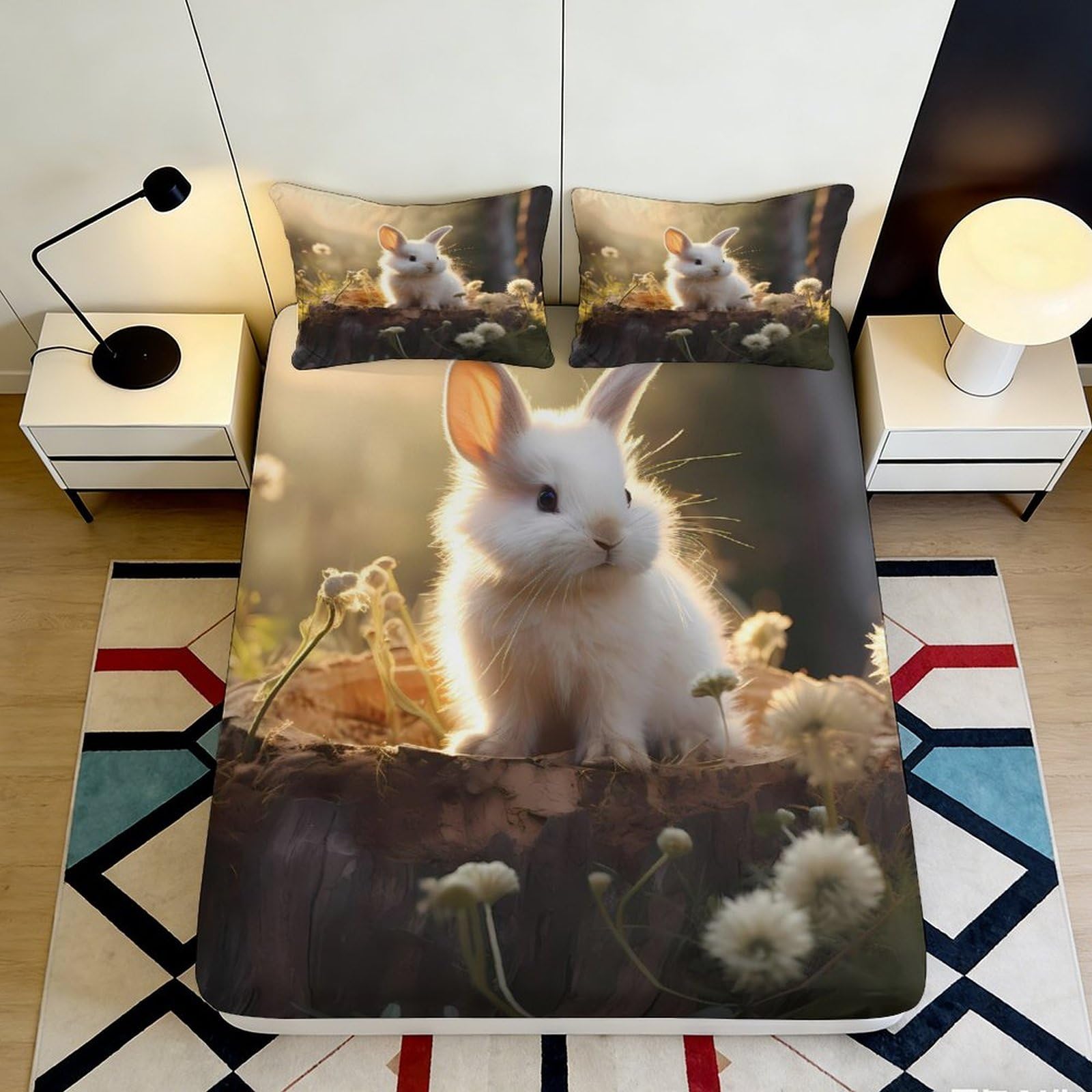 Jqzkxnhpbr Style-2 3D Printed White Bunny Fitted Sheet Microfiber Soft Animal Meadow Bed Sheet For Bedroom Guest Room Decoration 90X200x25cm