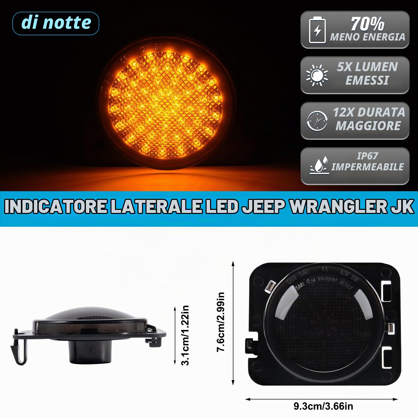 POPMOTORZ LED Luci laterali per Jeep Wrangler JK 2007-2015, LED Frecce Laterali Indicatori di Direzione con Canbus Senza Errori 4014 SMD Nero, 2 Pezzi