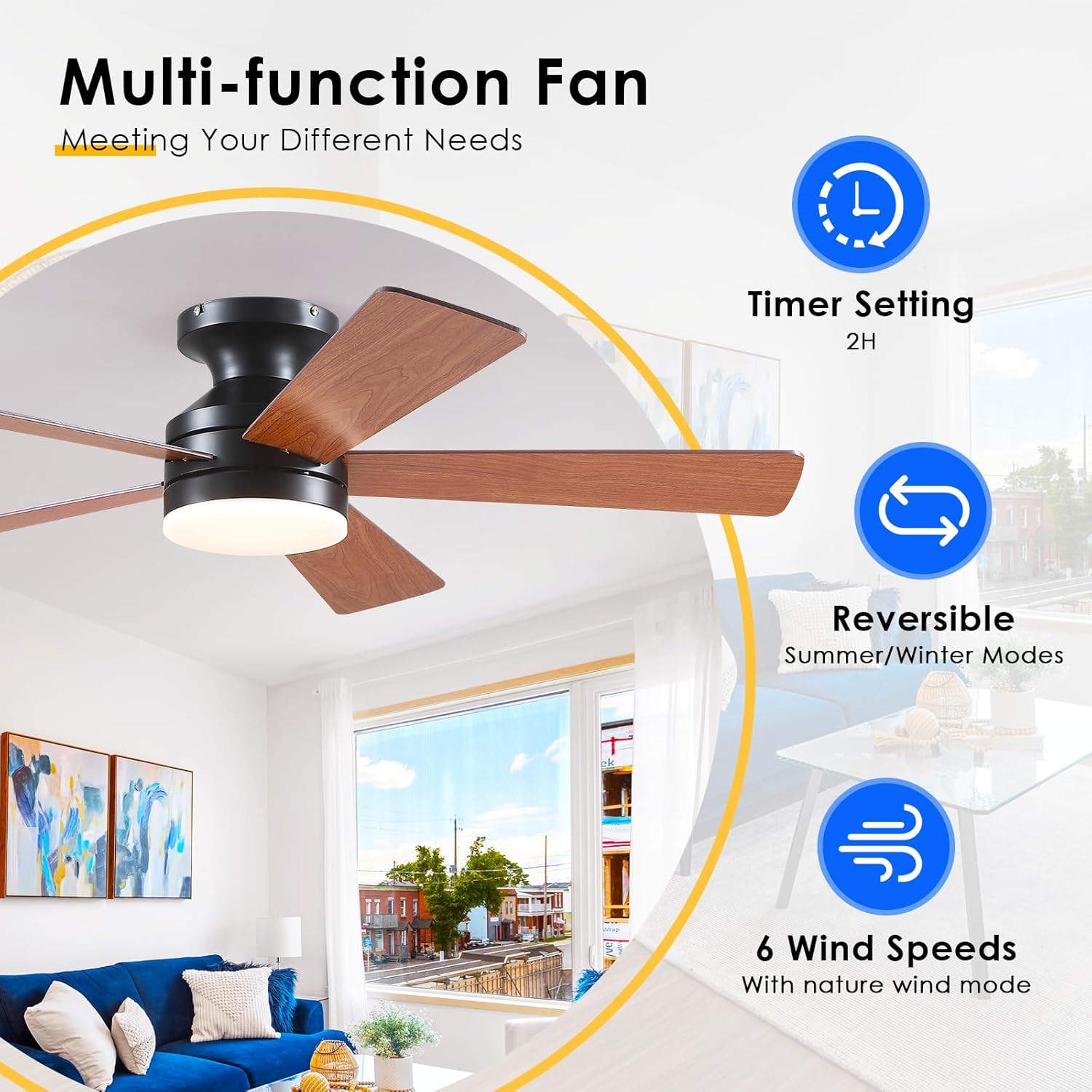 Flush Mount Ceiling Fan with Lights - 46IN Modern Indoor/Outdoor Ceiling Fan Light with Remote/APP, Low Profile Fan Light with 6 Speeds, Dimming, for Bedroom, Living Room, Brown 46IN Brown-46in