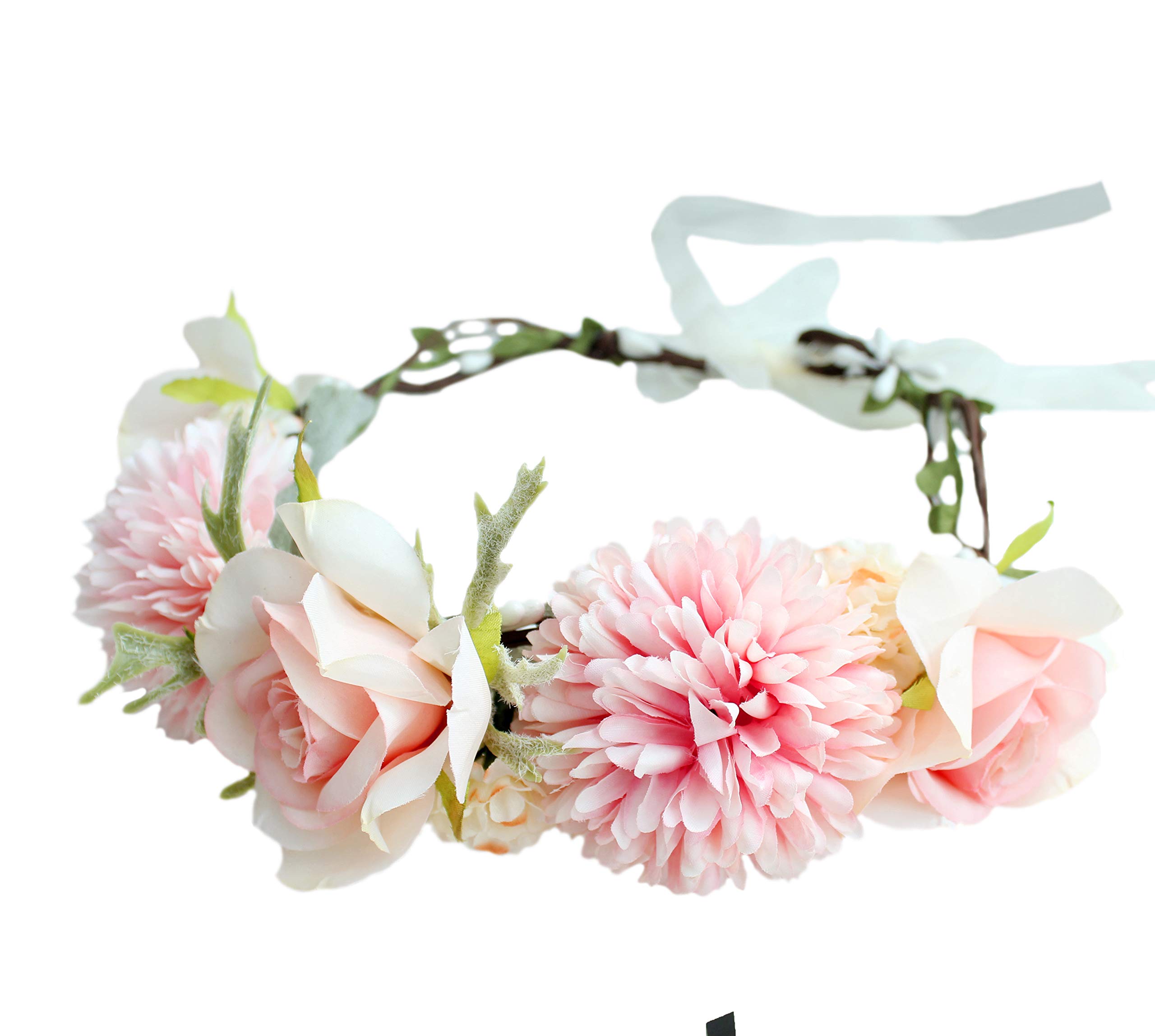 Rose Flower Crown Floral Wreath Headband Hair Wreath Hair Garland Flower Halo Floral Headpiece Boho with Ribbon Wedding Party Festival Pink by Brikuinr