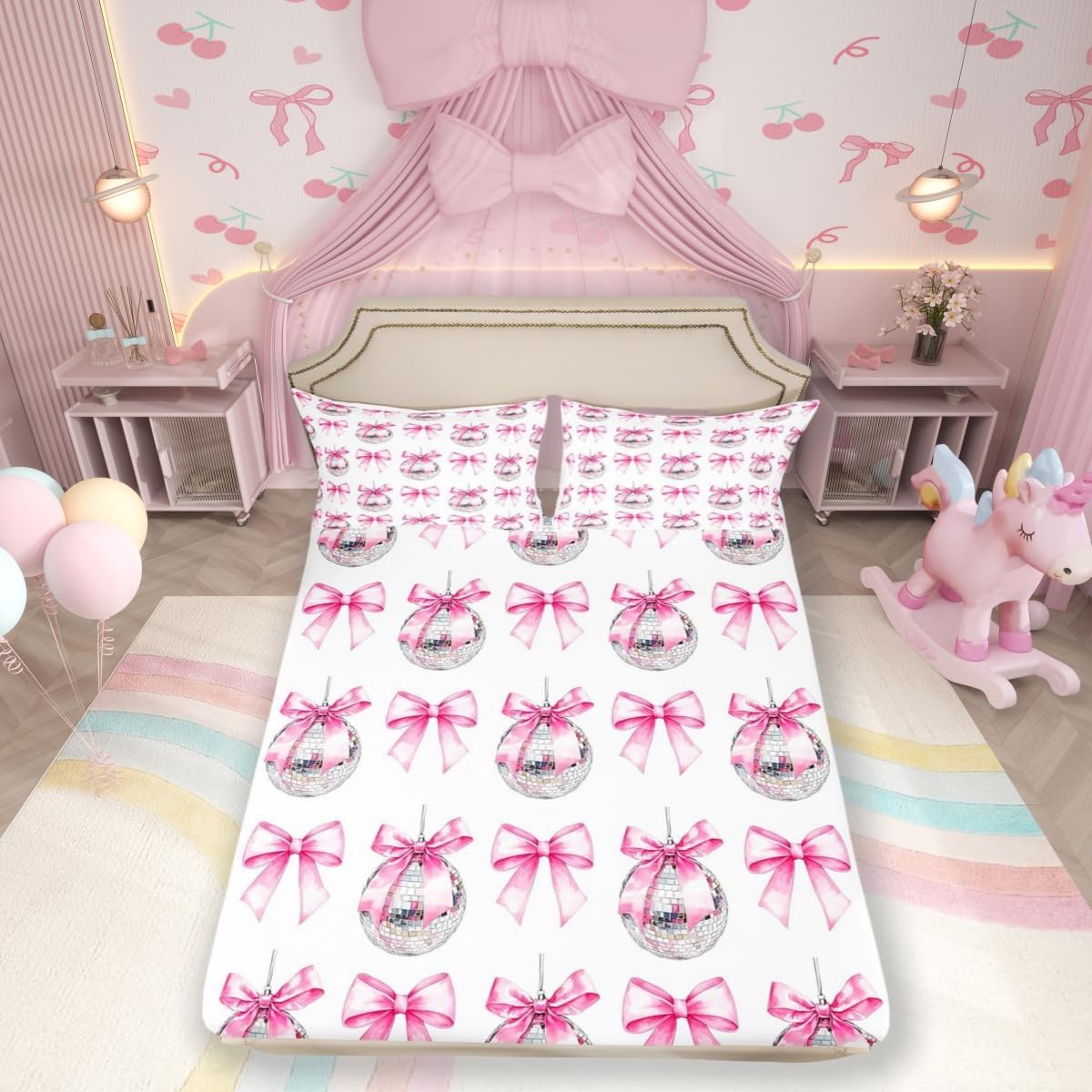 Drap-housse rose et blanc pour lit de fille decoration chambre retro