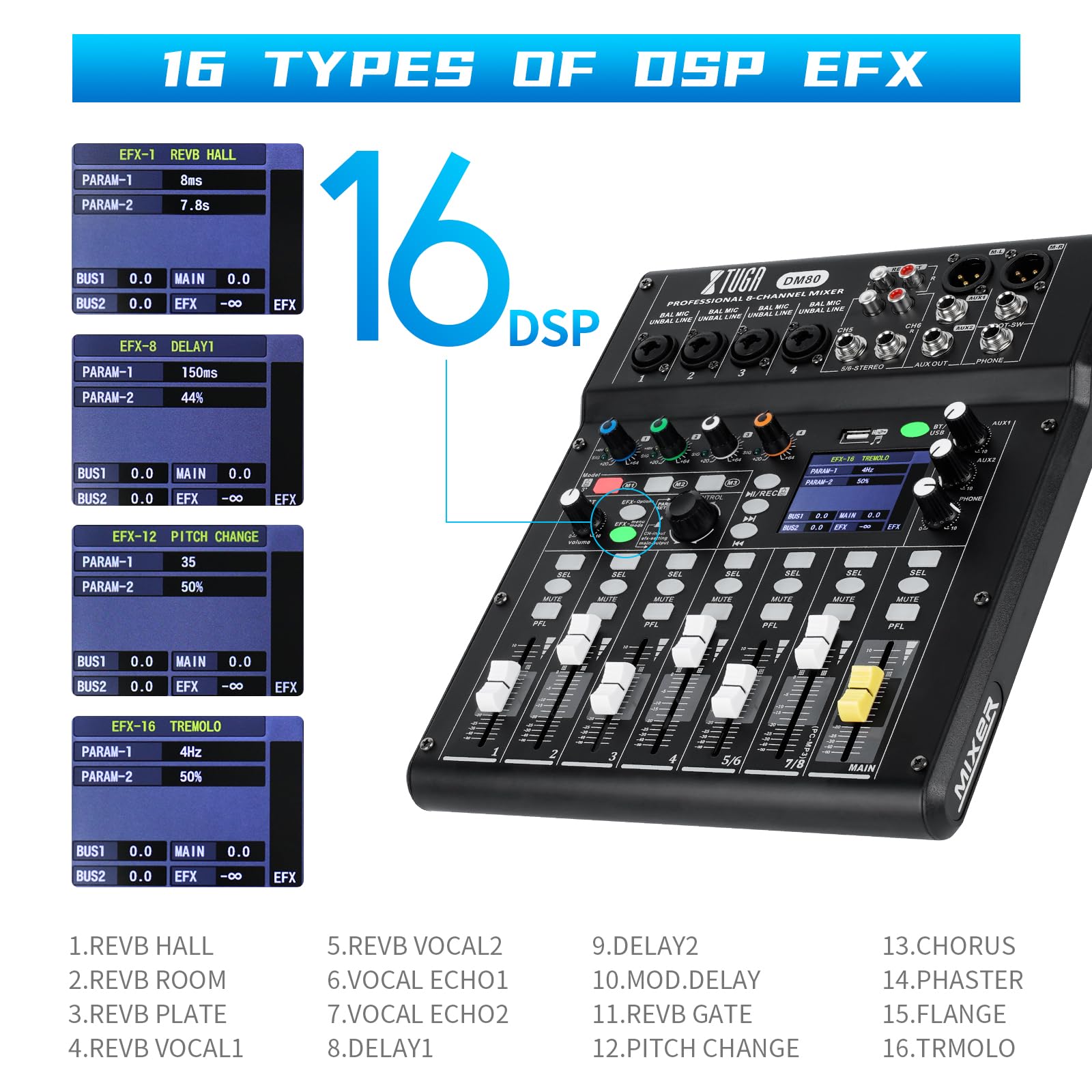 XTUGA Mixer digitale a 8 canali, multitraccia con mixer alimentato (DM80) | Qualità da studio, 24 bit/48 kHz, mixer DJ per live streaming/home studio/produzione musicale/podcast